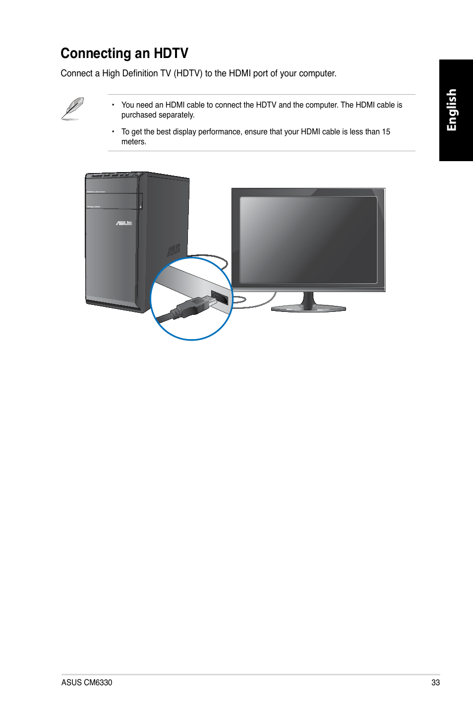 Connecting an hdtv, Connecting.an.hdt, English | Asus CM6330 User Manual | Page 35 / 494