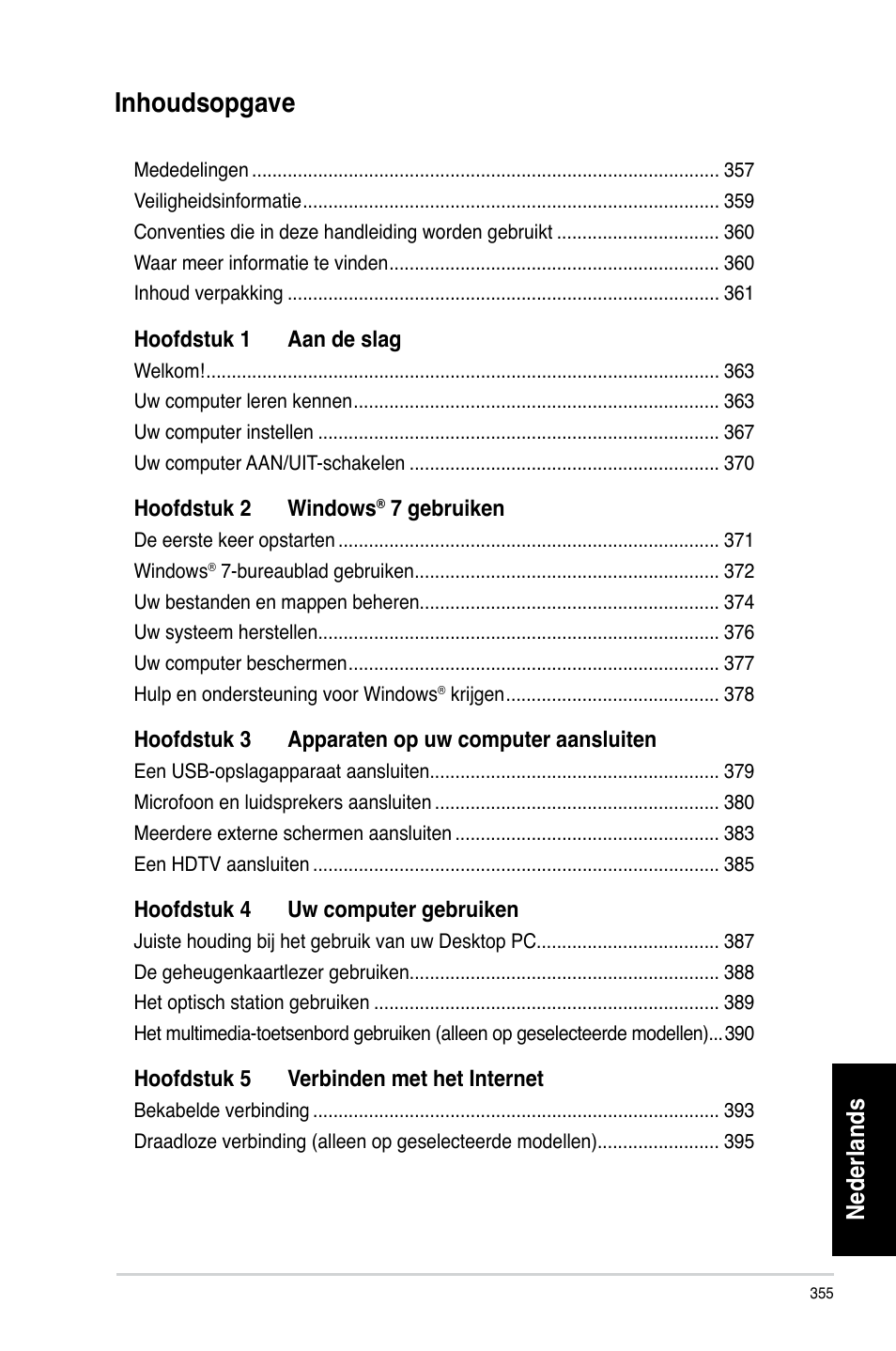 Inhoudsopgave, Nederlands | Asus CM6330 User Manual | Page 357 / 494