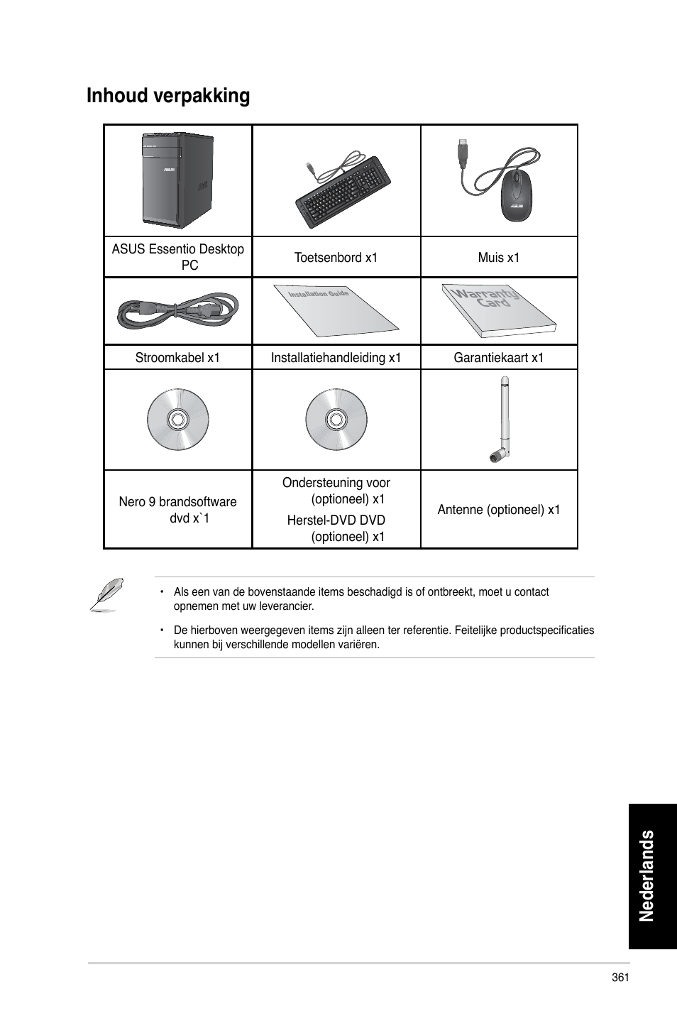 Inhoud verpakking, Inhoud.verpakking, Nederlands | Asus CM6330 User Manual | Page 363 / 494