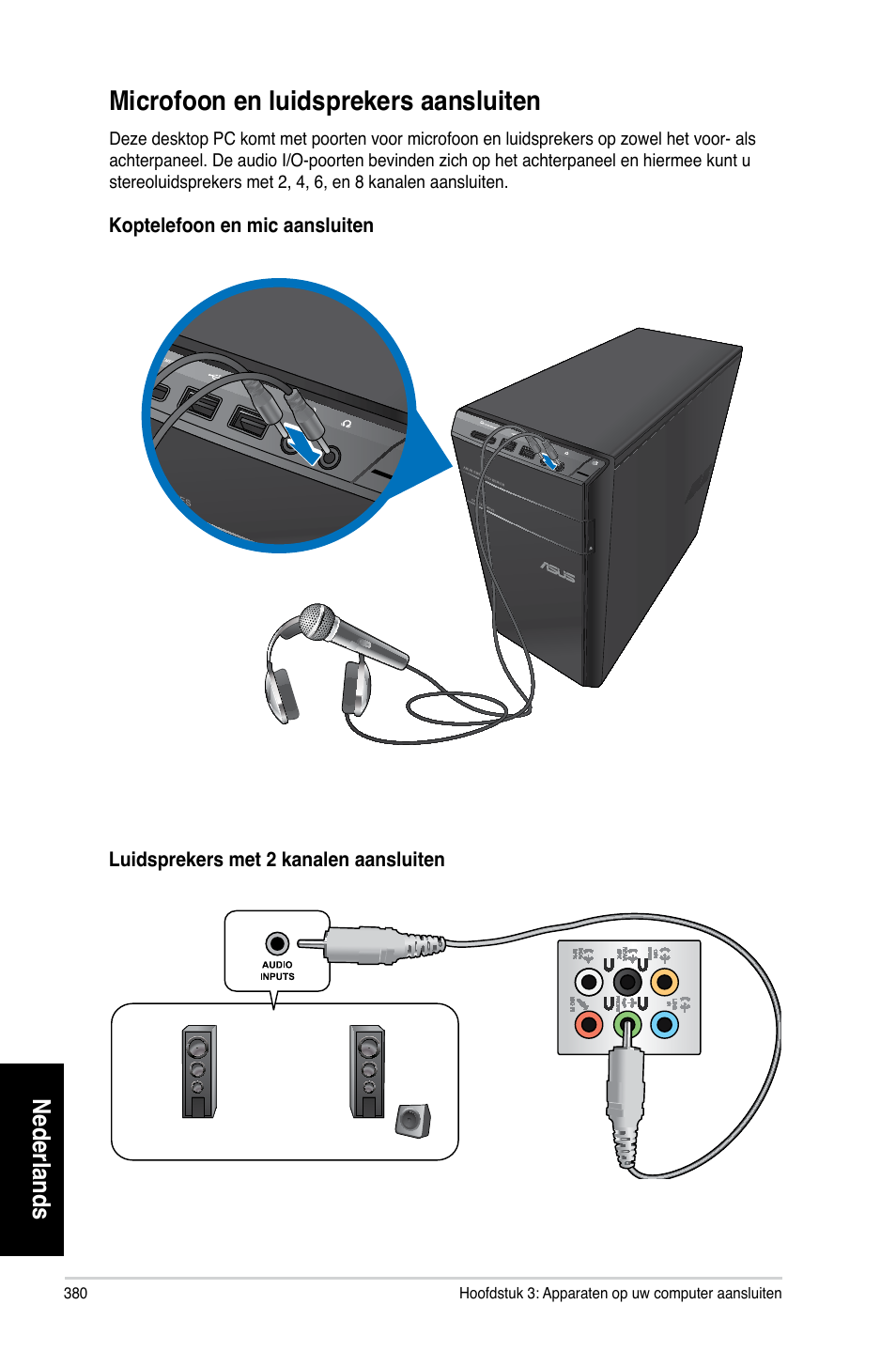 Microfoon en luidsprekers aansluiten, Microfoon.en.luidsprekers.aansluiten, Nederlands | Asus CM6330 User Manual | Page 382 / 494