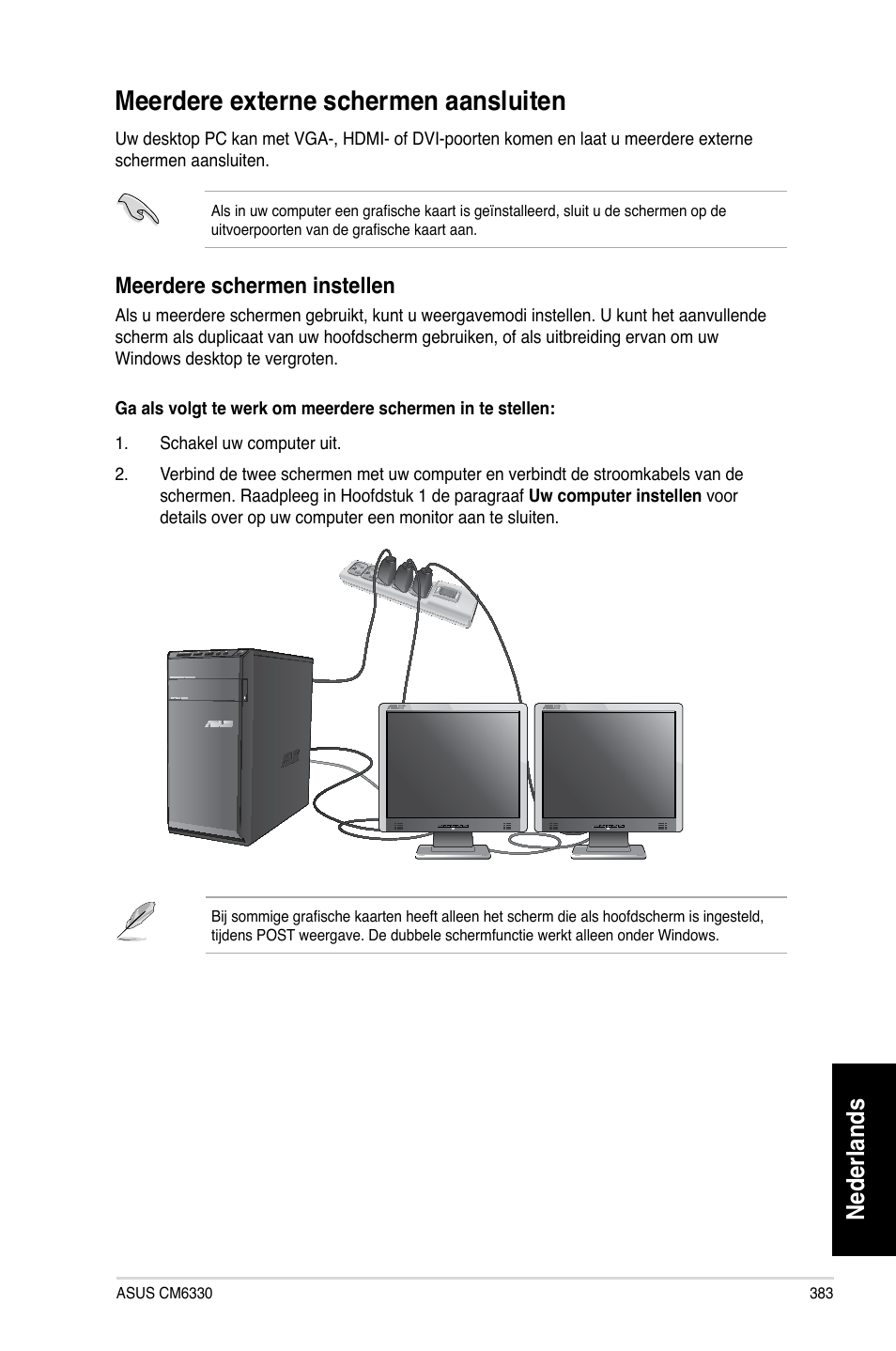 Meerdere externe schermen aansluiten, Meerdere.externe.schermen.aansluiten, Nederlands | Meerdere.schermen.instellen | Asus CM6330 User Manual | Page 385 / 494