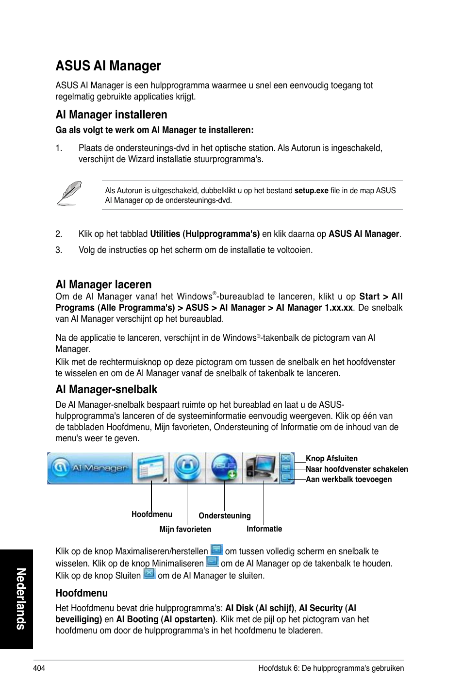 Asus ai manager, Asus.ai.manager, Nederlands | Ai.manager.installeren, Al.manager.laceren, Al.manager-snelbalk | Asus CM6330 User Manual | Page 406 / 494