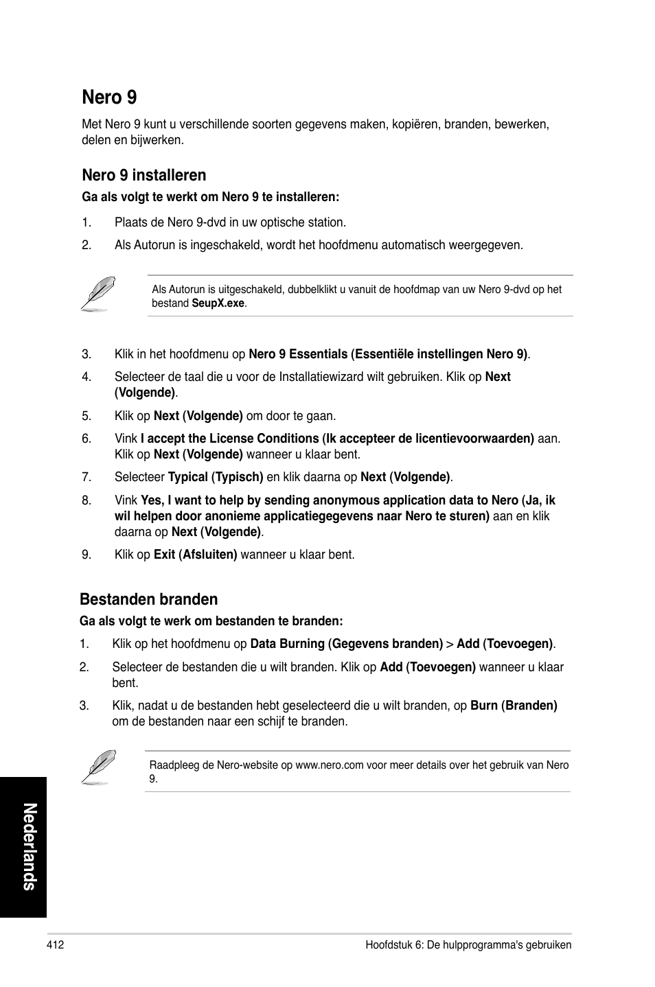 Nero 9, Nero.9, Nederlands | Nero.9.installeren, Bestanden.branden | Asus CM6330 User Manual | Page 414 / 494