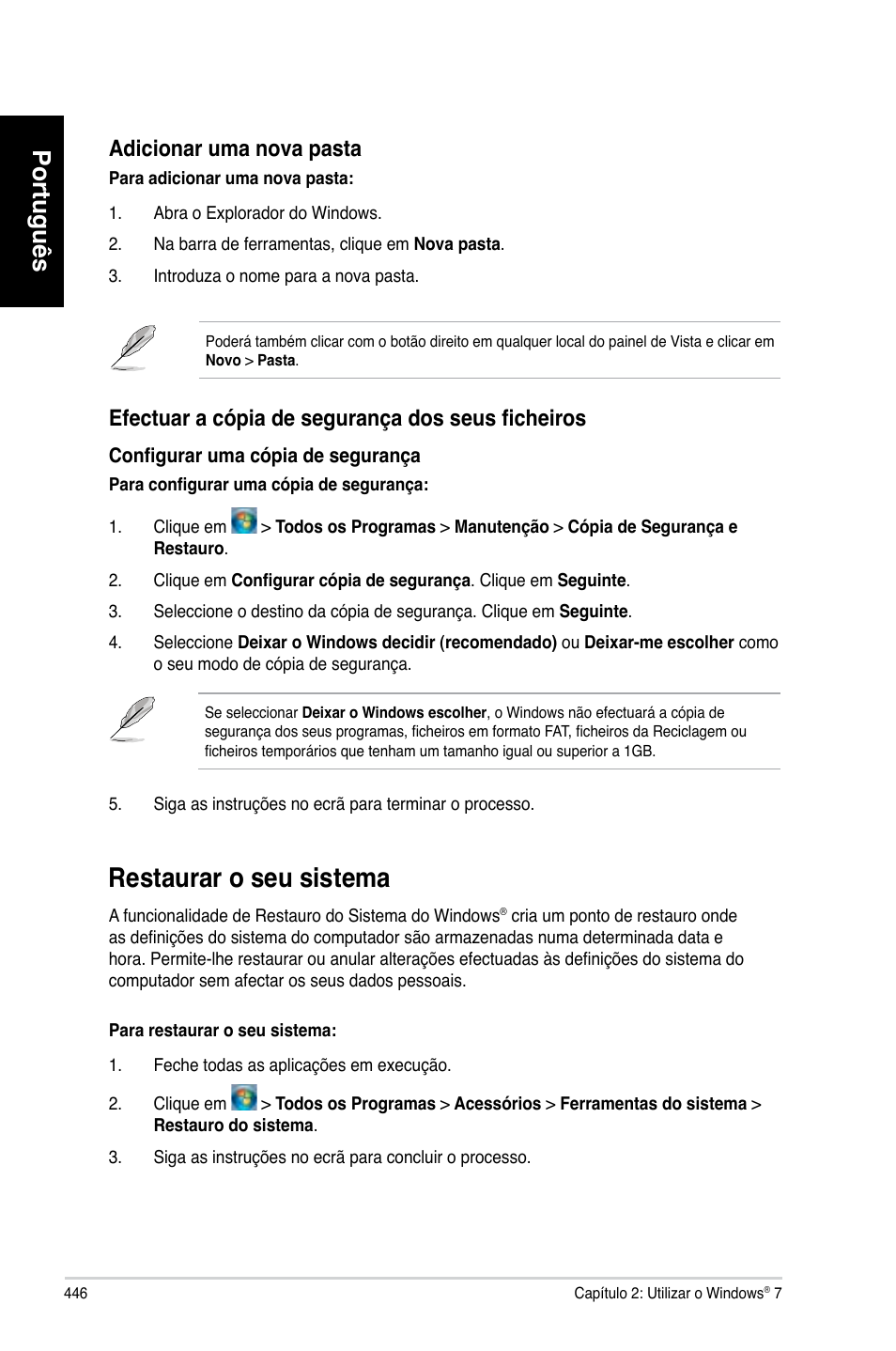 Restaurar o seu sistema, Restaurar.o.seu.sistema, Português | Adicionar.uma.nova.pasta, Efectuar a c�pia de segurança dos seus ficheiros | Asus CM6330 User Manual | Page 448 / 494