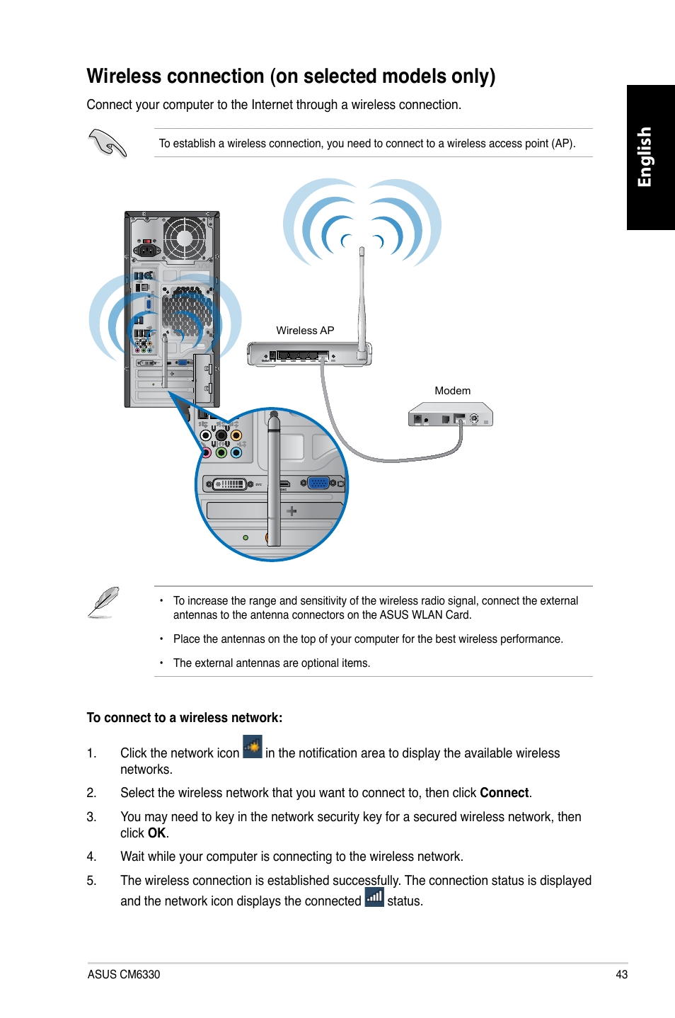 Wireless connection (on selected models only), Wireless.connection.�on.selected.models.only, English | Asus CM6330 User Manual | Page 45 / 494
