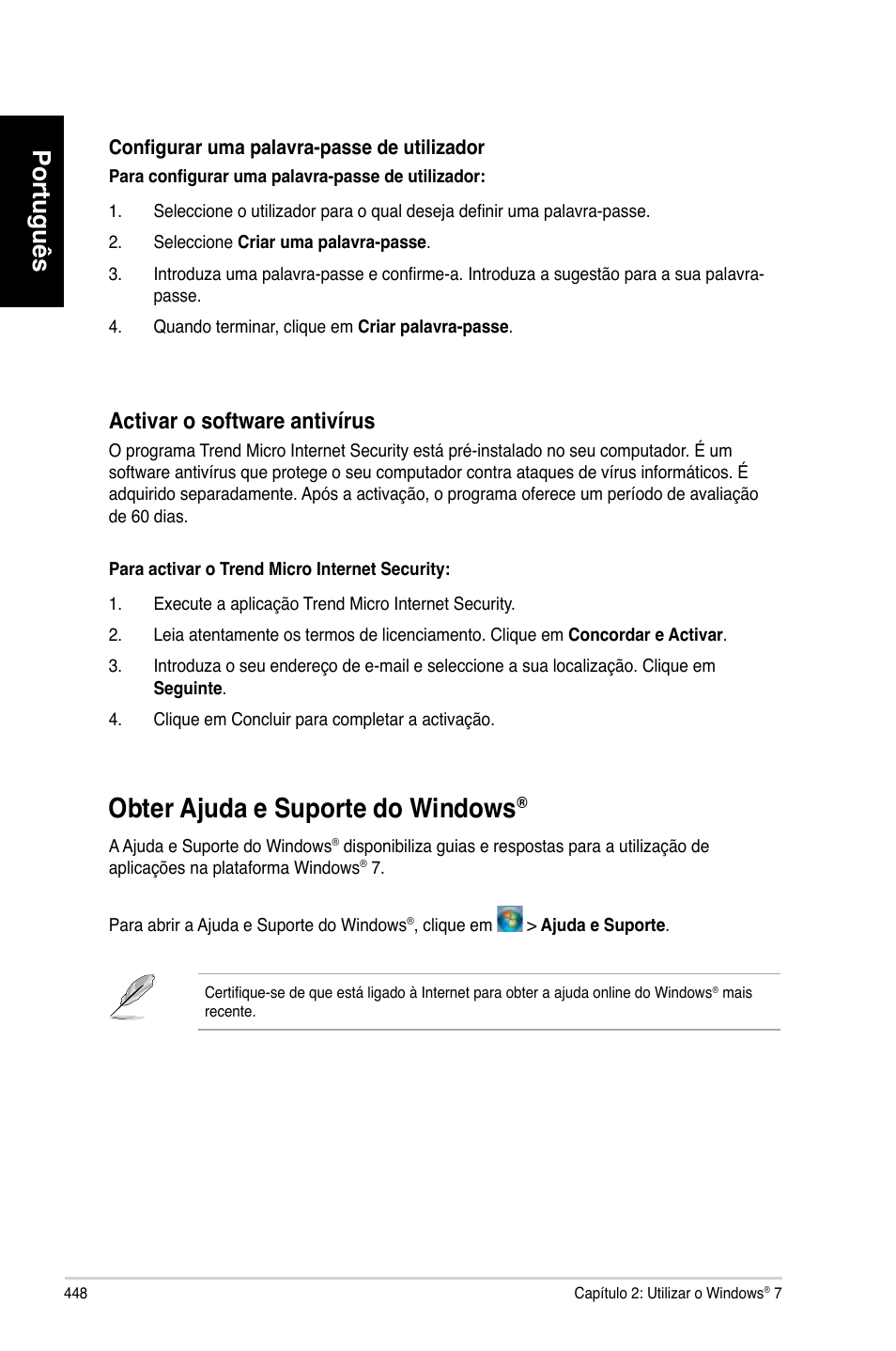 Obter ajuda e suporte do windows, Obter.a�uda.e.suporte.do.windows, Português | Activar.o.software.antivírus | Asus CM6330 User Manual | Page 450 / 494