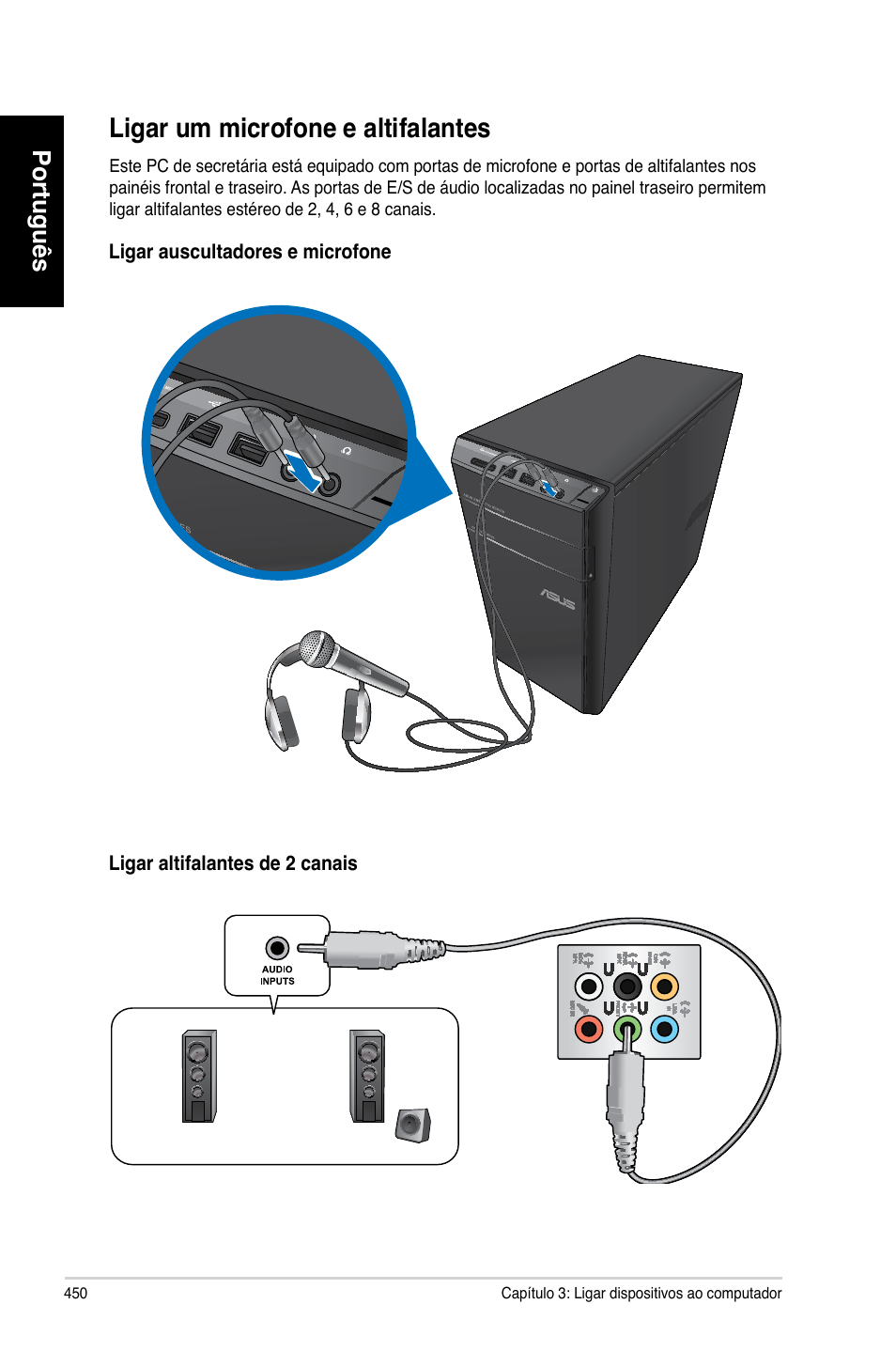 Ligar um microfone e altifalantes, Ligar.um.microfone.e.altifalantes, Português | Asus CM6330 User Manual | Page 452 / 494