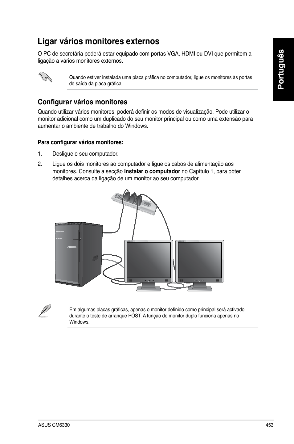 Ligar vários monitores externos, Ligar.vários.monitores.externos, Português | Configurar v�rios monitores | Asus CM6330 User Manual | Page 455 / 494