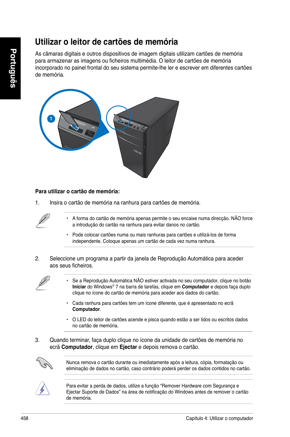 Utilizar o leitor de cartões de memória, Utilizar.o.leitor.de.cartões.de.memória, Português | Asus CM6330 User Manual | Page 460 / 494