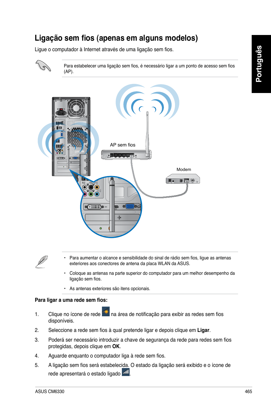 Ligação sem fios (apenas em alguns modelos), Ligação sem fios �apenas em alguns modelos, Português | Asus CM6330 User Manual | Page 467 / 494