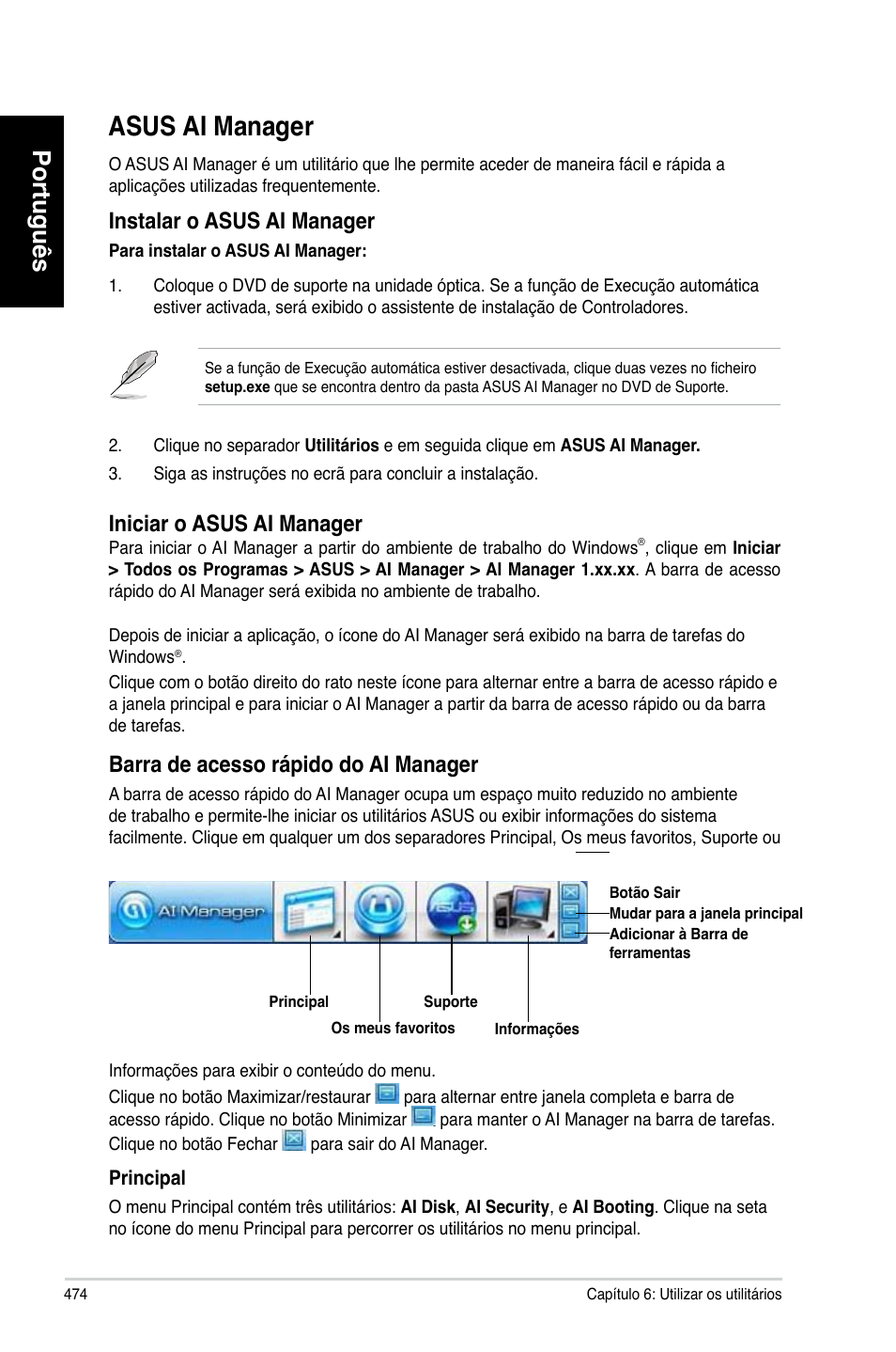 Asus ai manager, Asus.ai.manager, Português | Instalar.o.asus.ai.manager, Iniciar.o.asus.ai.manager, Barra.de.acesso.rápido.do.ai.manager | Asus CM6330 User Manual | Page 476 / 494