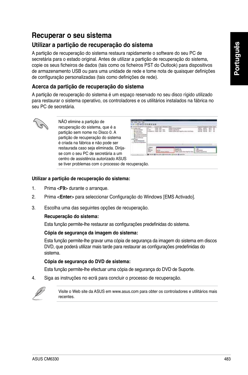 Recuperar o seu sistema, Recuperar.o.seu.sistema, Português | Utilizar.a.partição.de.recuperação.do.sistema | Asus CM6330 User Manual | Page 485 / 494