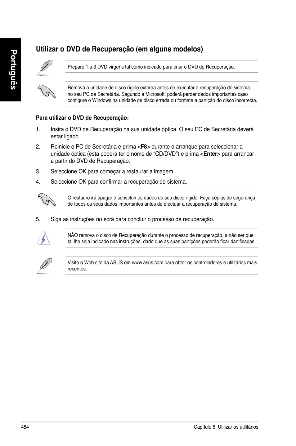 Português, Utilizar.o.d�d.de.recuperação.�em.alguns.modelos | Asus CM6330 User Manual | Page 486 / 494