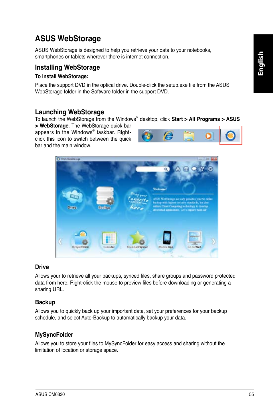 Asus webstorage, Asus.webstorage, English | Installing.webstorage, Launching.webstorage | Asus CM6330 User Manual | Page 57 / 494