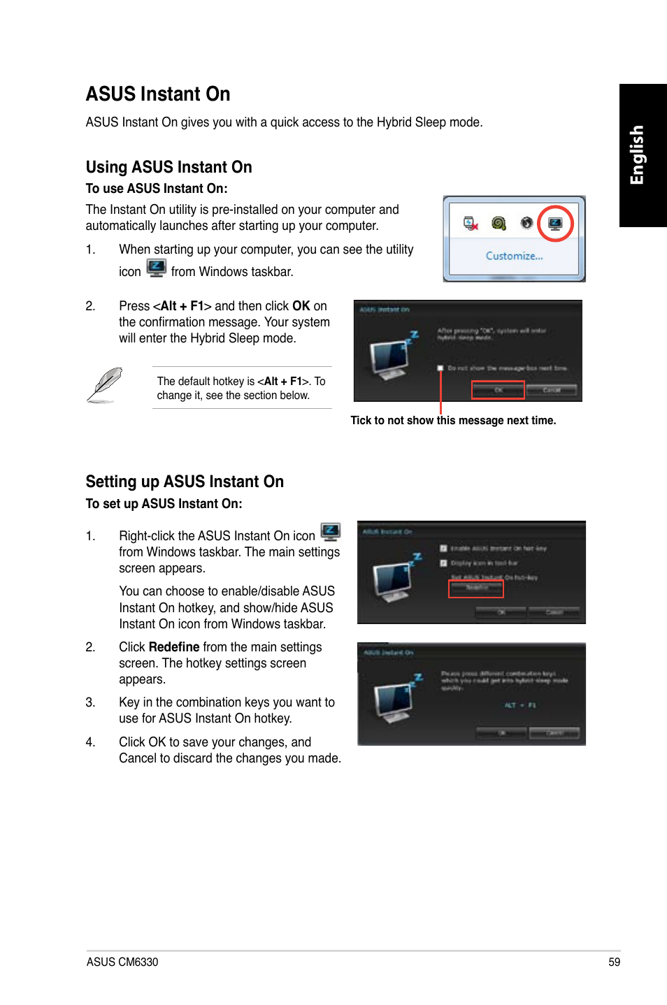 Asus instant on, Asus.instant.on, English | Using.asus.instant.on, Setting.up.asus.instant.on | Asus CM6330 User Manual | Page 61 / 494