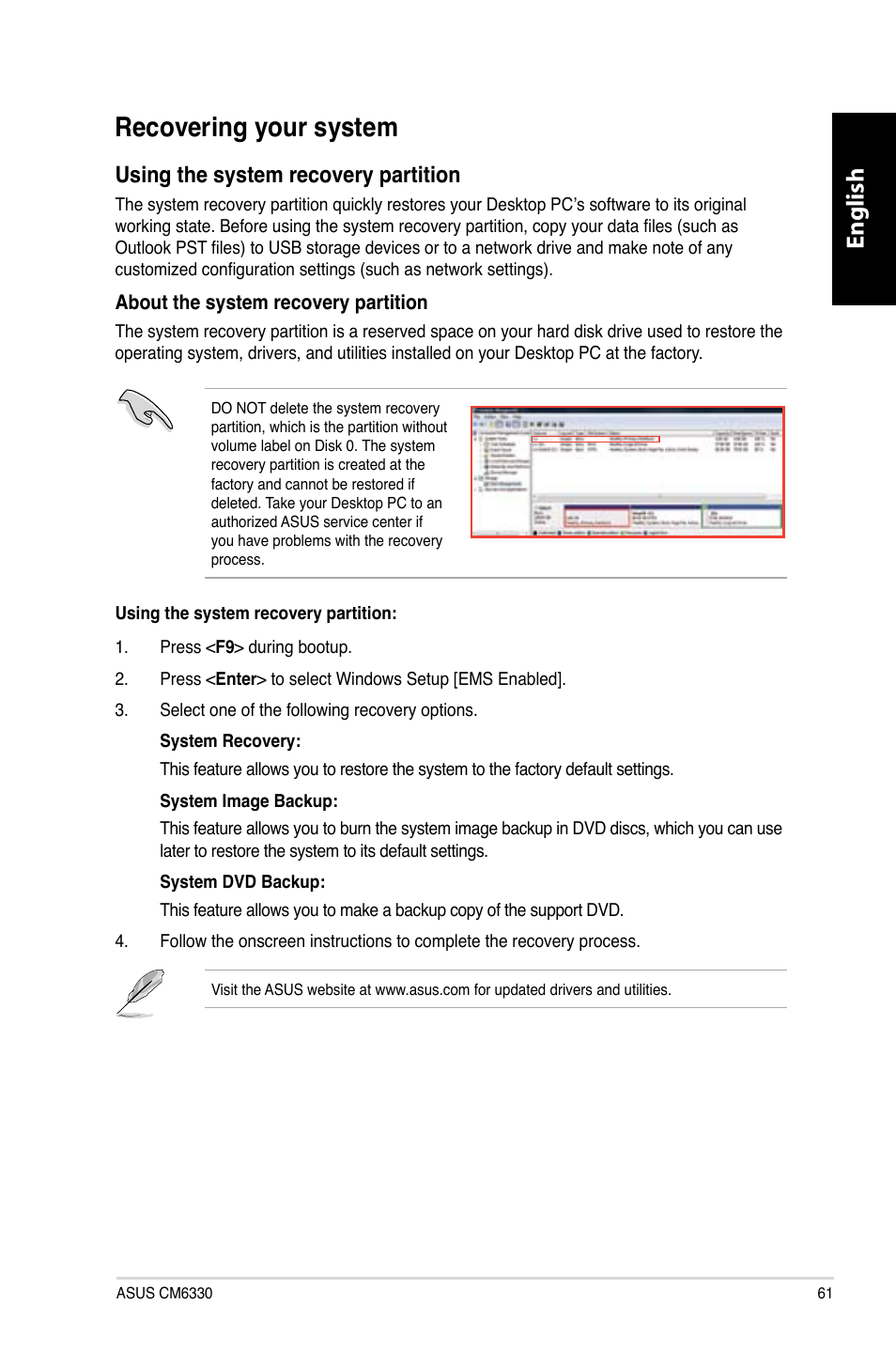 Recovering your system, Recovering.your.system, English | Using.the.system.recovery.partition | Asus CM6330 User Manual | Page 63 / 494