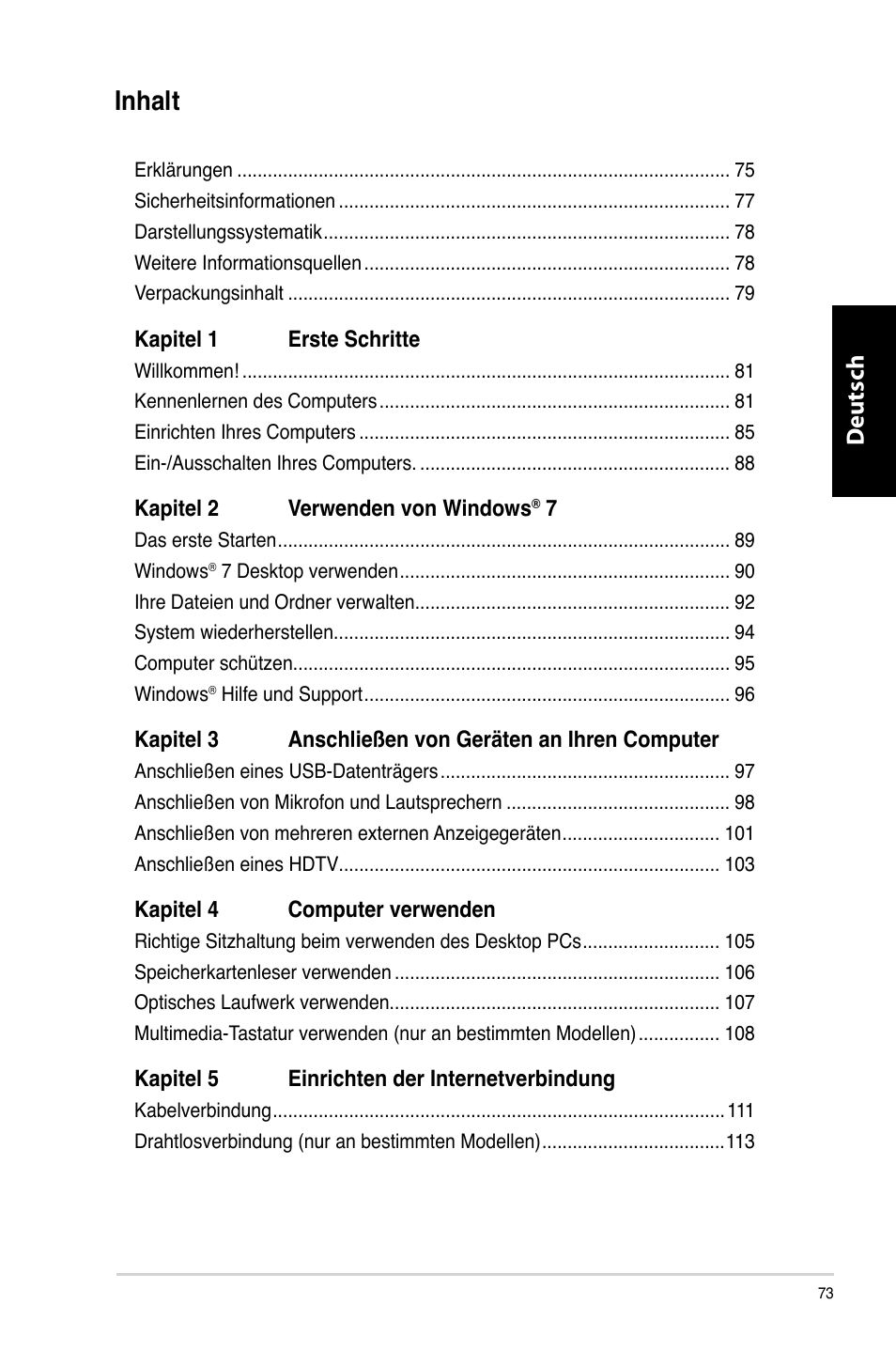 Inhalt, Deutsch d eutsch d eutsch d eutsch | Asus CM6330 User Manual | Page 75 / 494