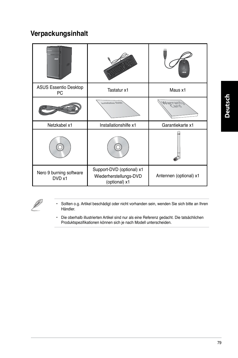 Verpackungsinhalt, Erpackungsinhalt, Deutsch d eutsch d eutsch d eutsch | Asus CM6330 User Manual | Page 81 / 494