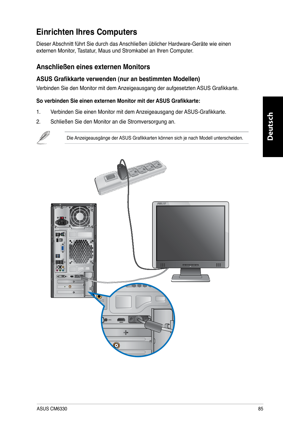 Einrichten ihres computers, Deutsch d eutsch, Anschließen.eines.externen.monitors | Asus CM6330 User Manual | Page 87 / 494