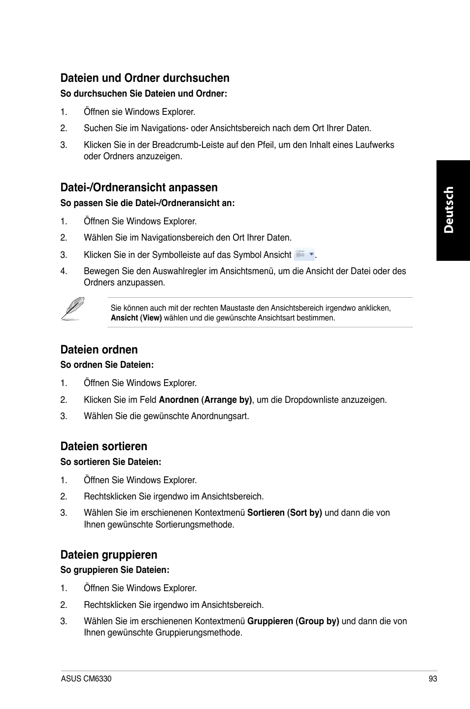 Deutsch d eutsch, Dateien.und.ordner.durchsuchen, Datei-/ordneransicht.anpassen | Dateien.ordnen, Dateien.sortieren, Dateien.gruppieren | Asus CM6330 User Manual | Page 95 / 494