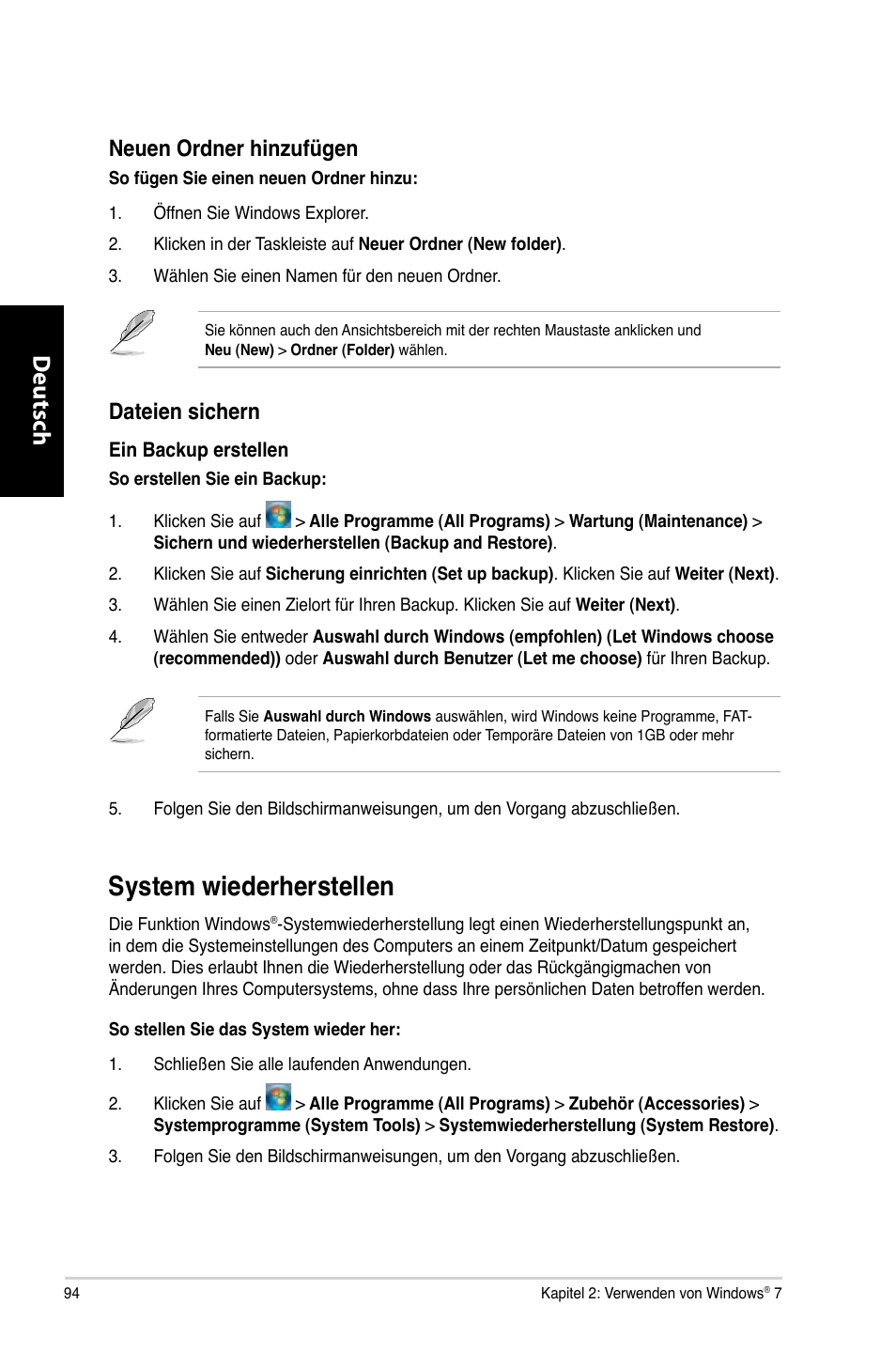 System wiederherstellen, System.wiederherstellen, Deutsch d eutsch d eutsch d eutsch | Neuen.ordner.hinzufügen, Dateien.sichern | Asus CM6330 User Manual | Page 96 / 494