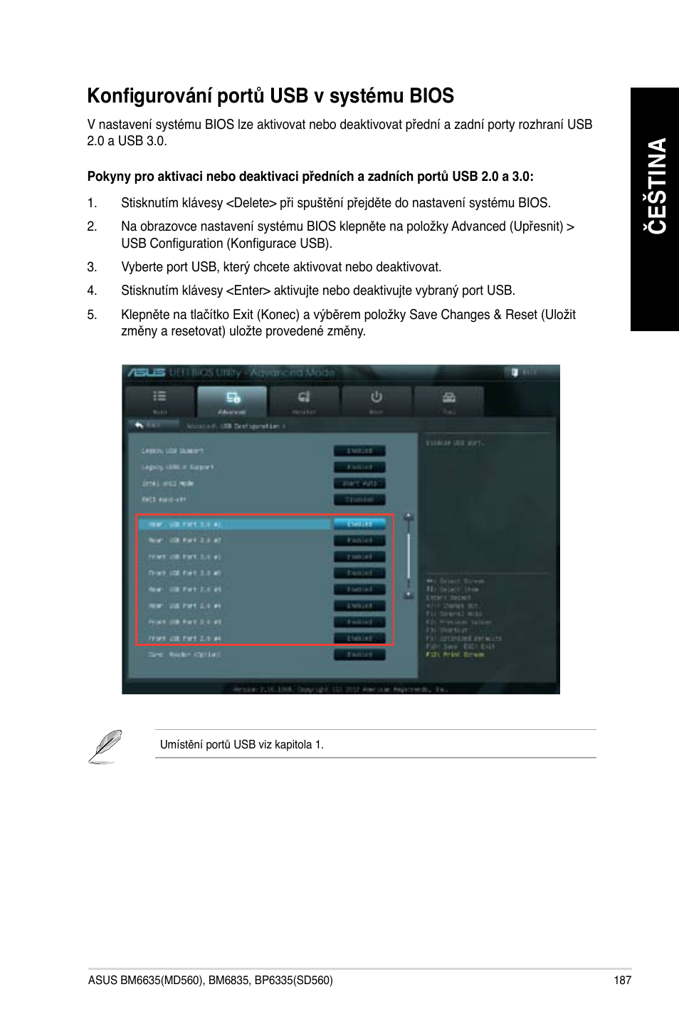 Konfigurování portů usb v systému bios, Če št in a če št in a | Asus BP6335 User Manual | Page 189 / 578