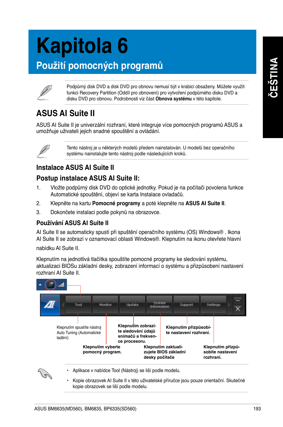 Kapitola 6, Použití pomocných programů, Asus ai suite ii | Če št in a če št in a | Asus BP6335 User Manual | Page 195 / 578