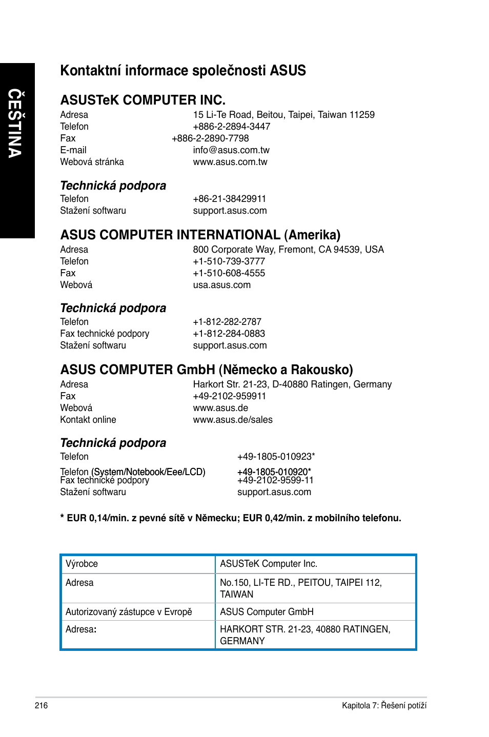 Kontaktní informace společnosti asus, Če št in a če št in a, Asustek computer inc | Asus computer international (amerika), Asus computer gmbh (německo a rakousko) | Asus BP6335 User Manual | Page 218 / 578