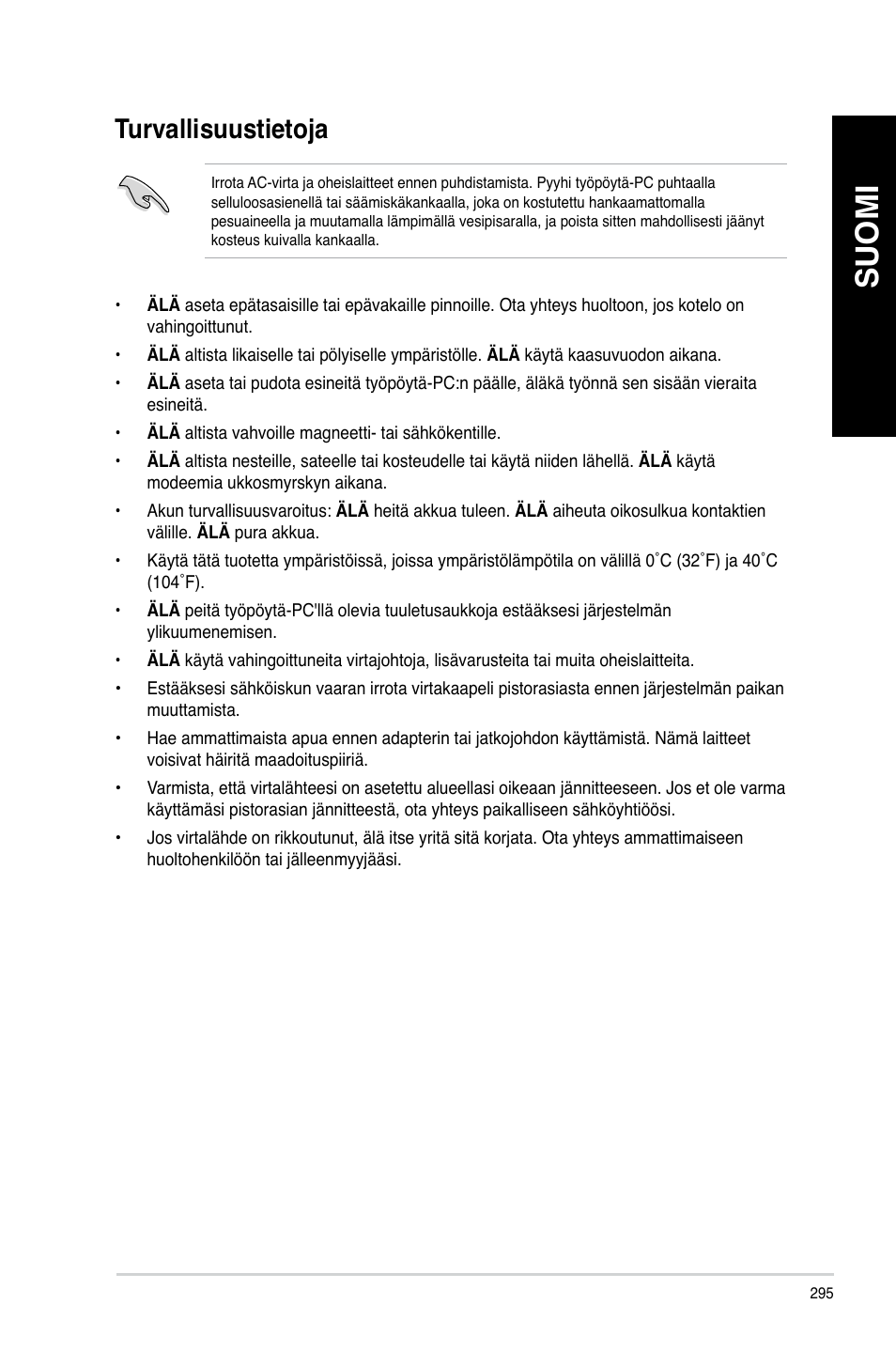 Turvallisuustietoja, Suomi | Asus BP6335 User Manual | Page 297 / 578