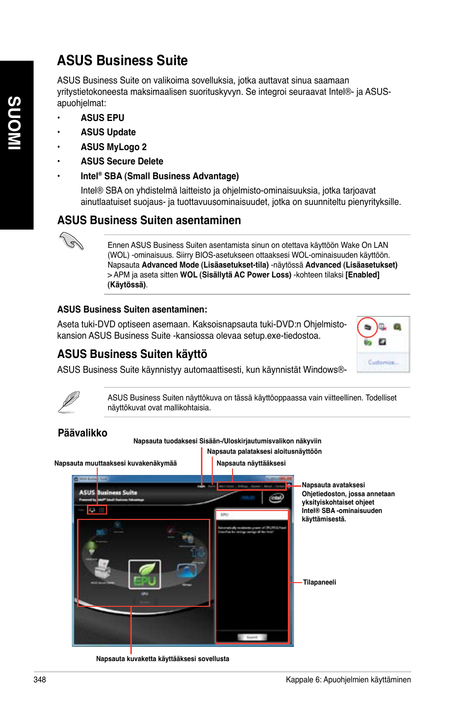 Asus business suite, Suomi, Asus business suiten asentaminen | Asus business suiten käyttö | Asus BP6335 User Manual | Page 350 / 578