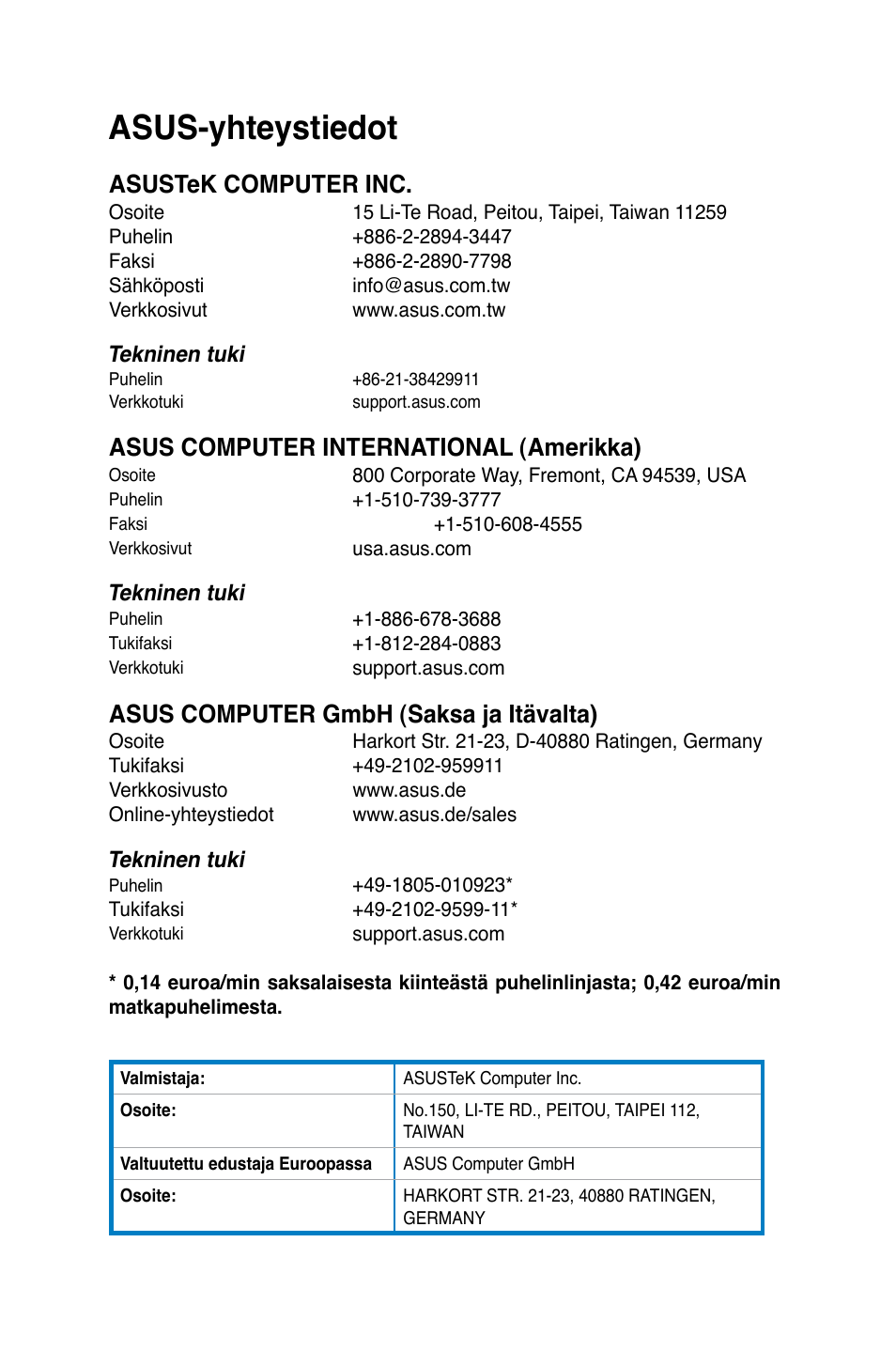 Asus-yhteystiedot, Asustek computer inc, Asus computer international (amerikka) | Asus computer gmbh (saksa ja itävalta) | Asus BP6335 User Manual | Page 362 / 578