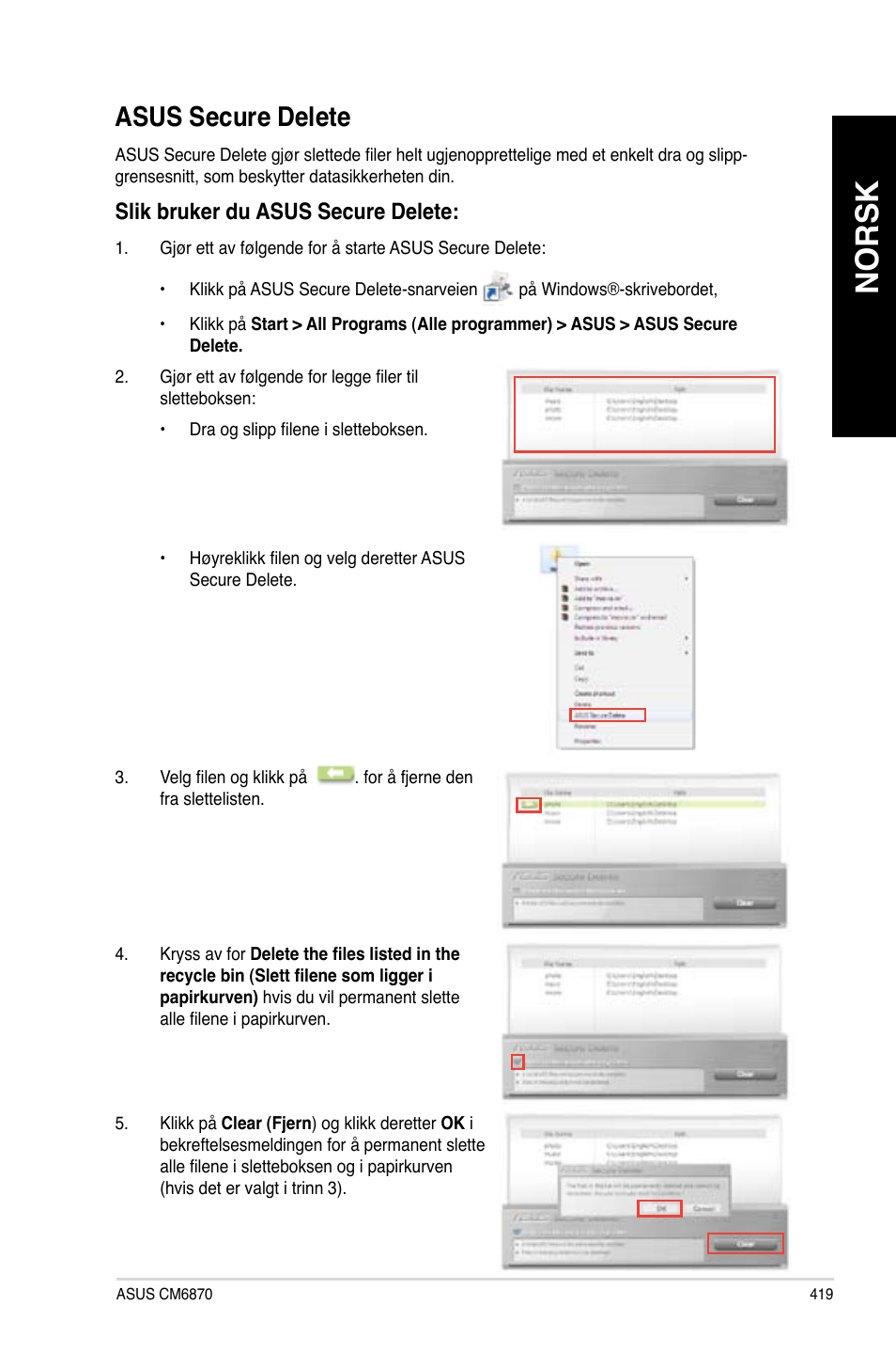 Asus secure delete, Norsk | Asus BP6335 User Manual | Page 421 / 578