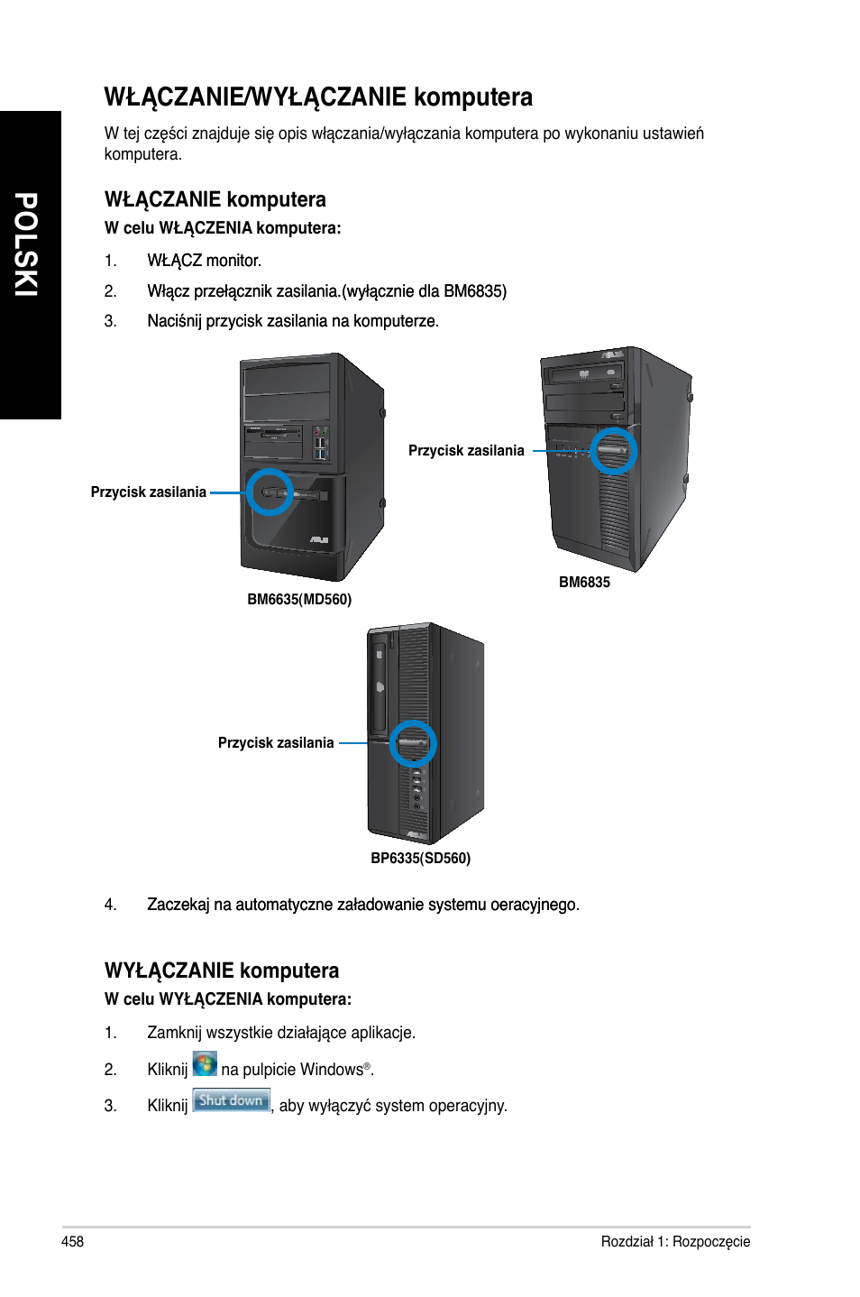 Włączanie/wyłączanie komputera, Po ls ki po ls ki | Asus BP6335 User Manual | Page 460 / 578