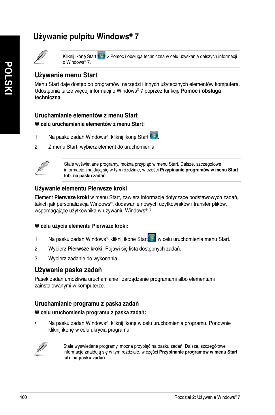 Używanie pulpitu windows® 7, Używanie pulpitu windows, Po ls ki po ls ki po ls ki po ls ki | Używanie menu start, Używanie paska zadań | Asus BP6335 User Manual | Page 462 / 578