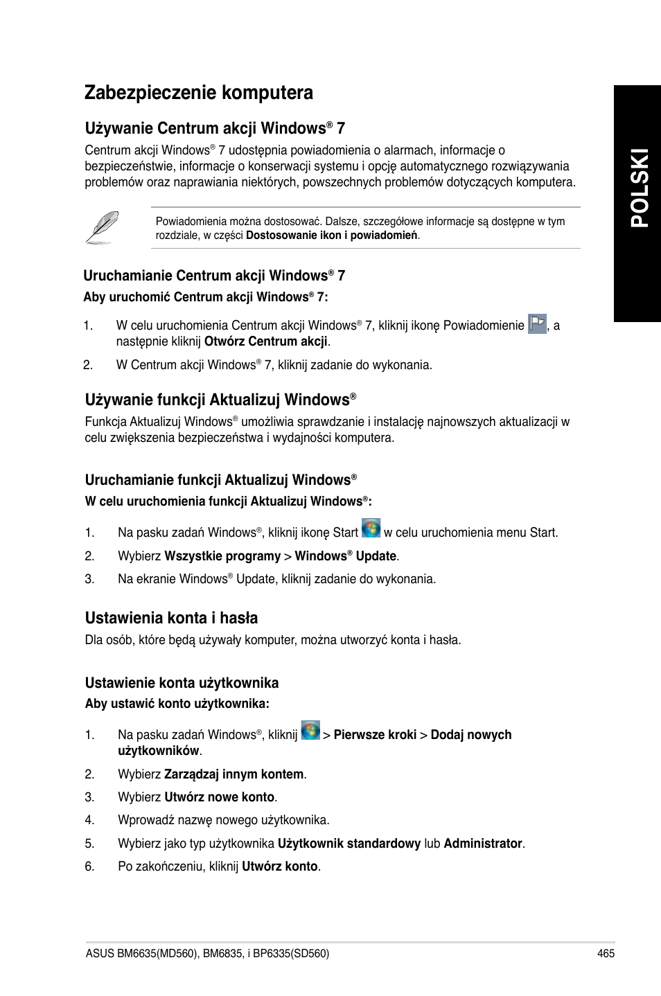 Zabezpieczenie komputera, Po ls ki po ls ki, Używanie centrum akcji windows | Używanie funkcji aktualizuj windows, Ustawienia konta i hasła | Asus BP6335 User Manual | Page 467 / 578