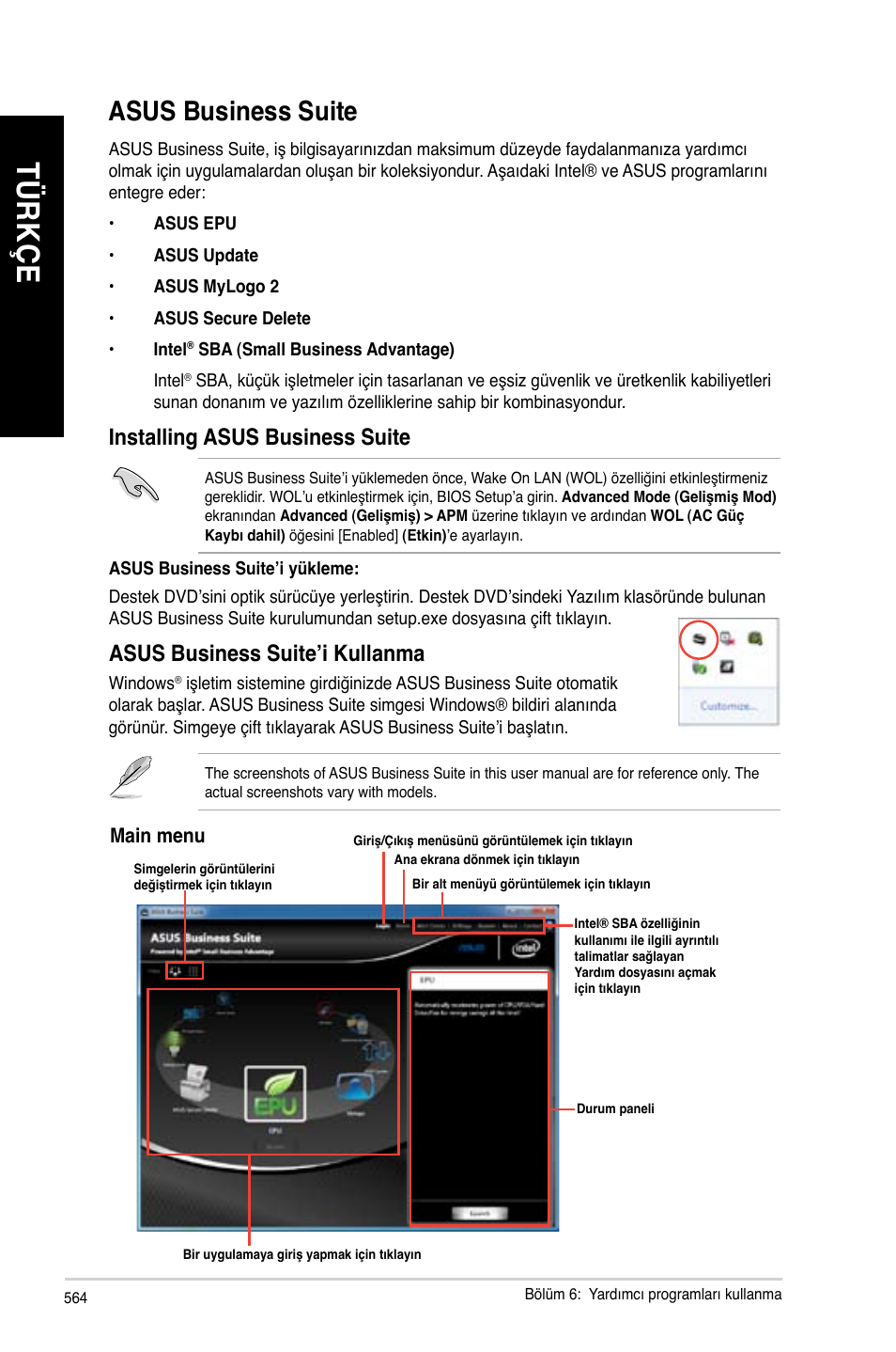 Asus business suite, Tü rk çe tü rk çe tü rk çe tü rk çe, Installing asus business suite | Asus business suite’i kullanma | Asus BP6335 User Manual | Page 566 / 578