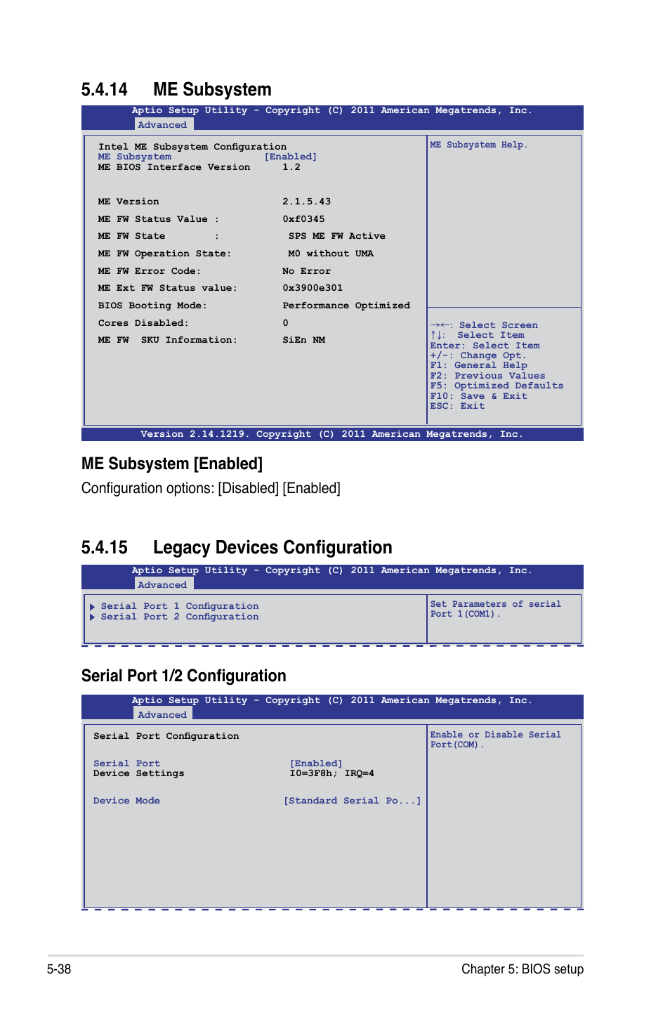 14 me subsystem, 15 legacy devices configuration, Me subsystem [enabled | Serial port 1/2 configuration, Configuration options: [disabled] [enabled, 38 chapter 5: bios setup | Asus RS700-E7/RS4-C User Manual | Page 102 / 196