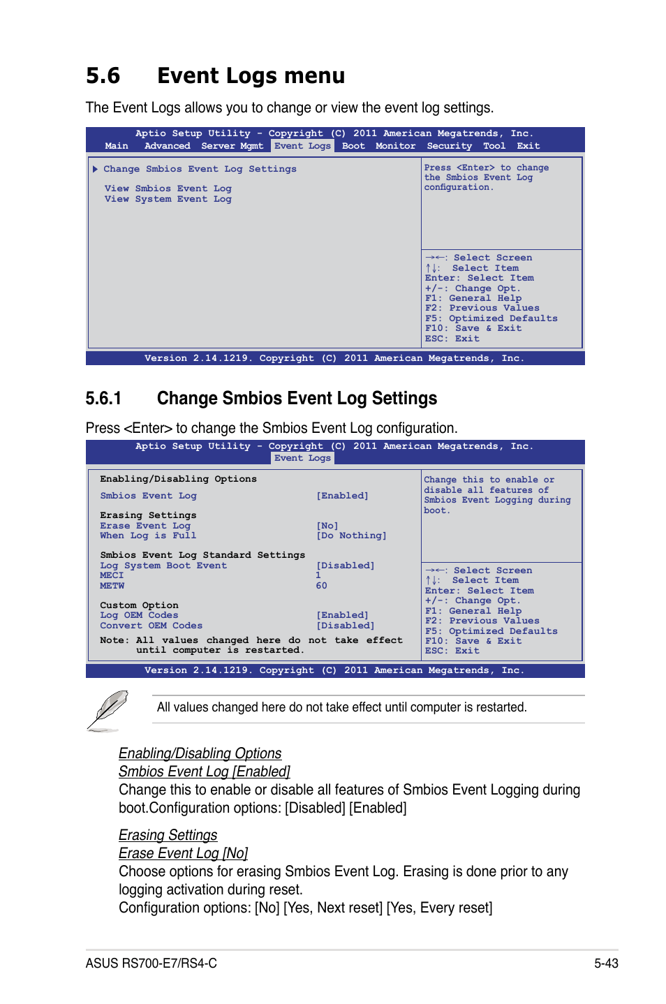 6 event logs menu, 1 change smbios event log settings, Event logs menu -43 5.6.1 | Change smbios event log settings -43 | Asus RS700-E7/RS4-C User Manual | Page 107 / 196