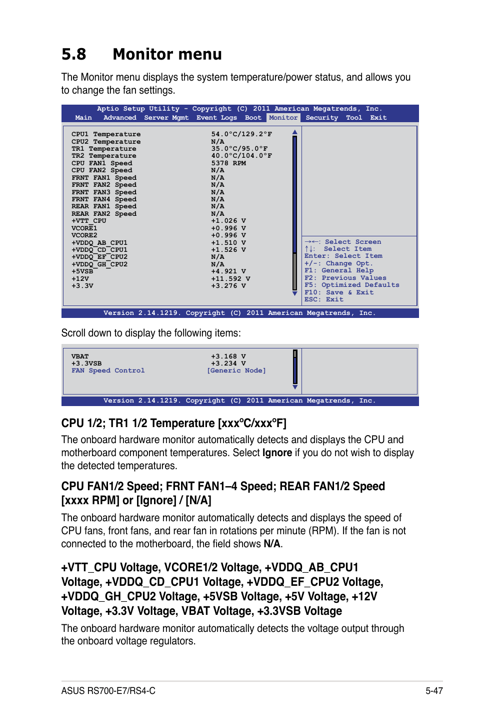 8 monitor menu, Monitor menu -47 | Asus RS700-E7/RS4-C User Manual | Page 111 / 196