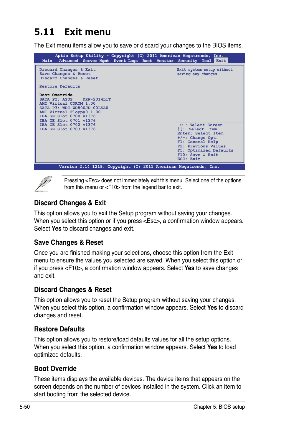 11 exit menu, 11 exit menu -50, Discard changes & exit | Save changes & reset, Discard changes & reset, Restore defaults, Boot override | Asus RS700-E7/RS4-C User Manual | Page 114 / 196