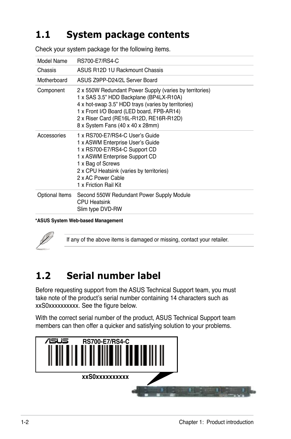 1 system package contents, 2 serial number label, System package contents -2 | Serial number label -2 | Asus RS700-E7/RS4-C User Manual | Page 12 / 196