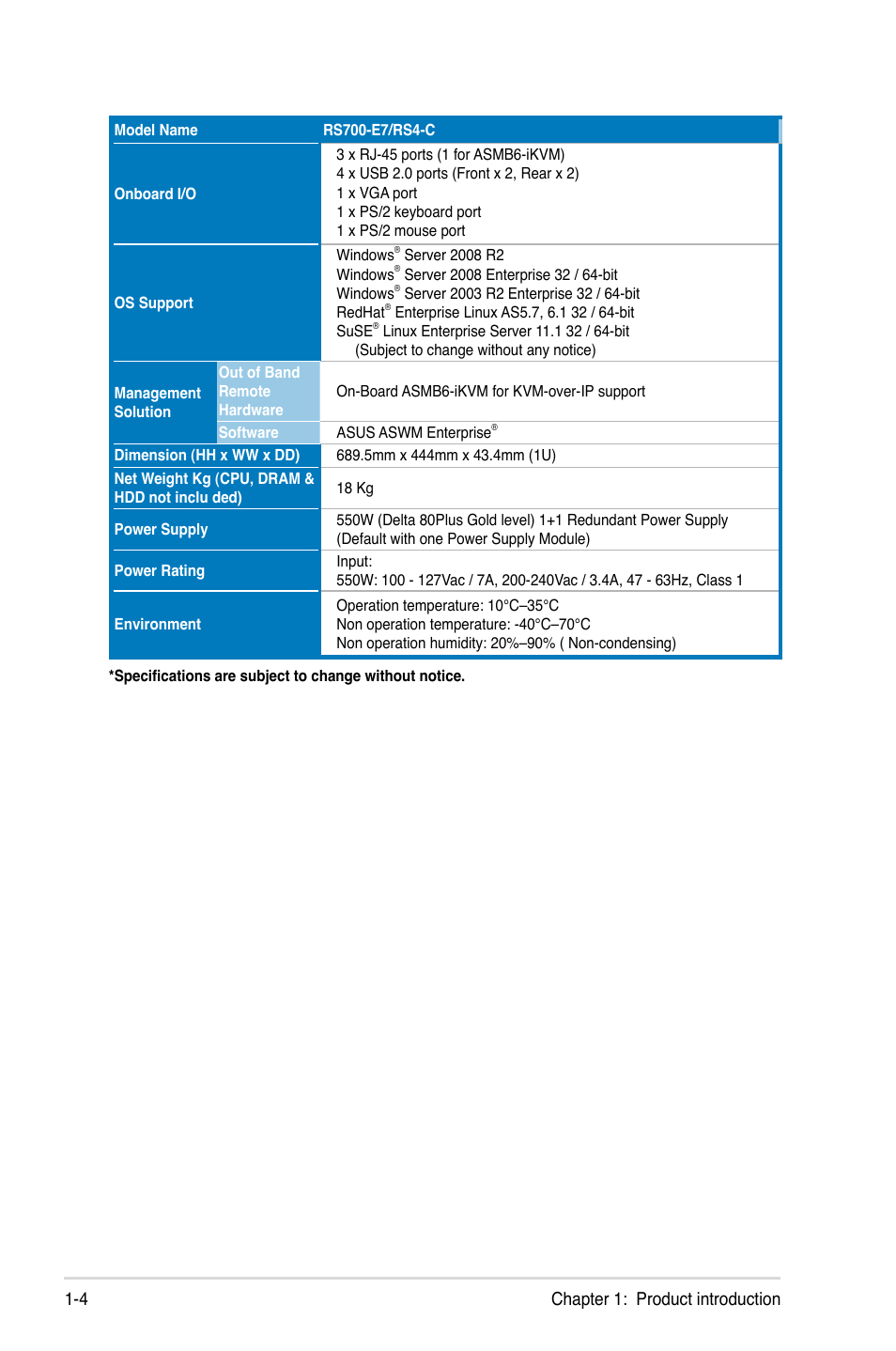 Chapter 1: product introduction 1-4 | Asus RS700-E7/RS4-C User Manual | Page 14 / 196