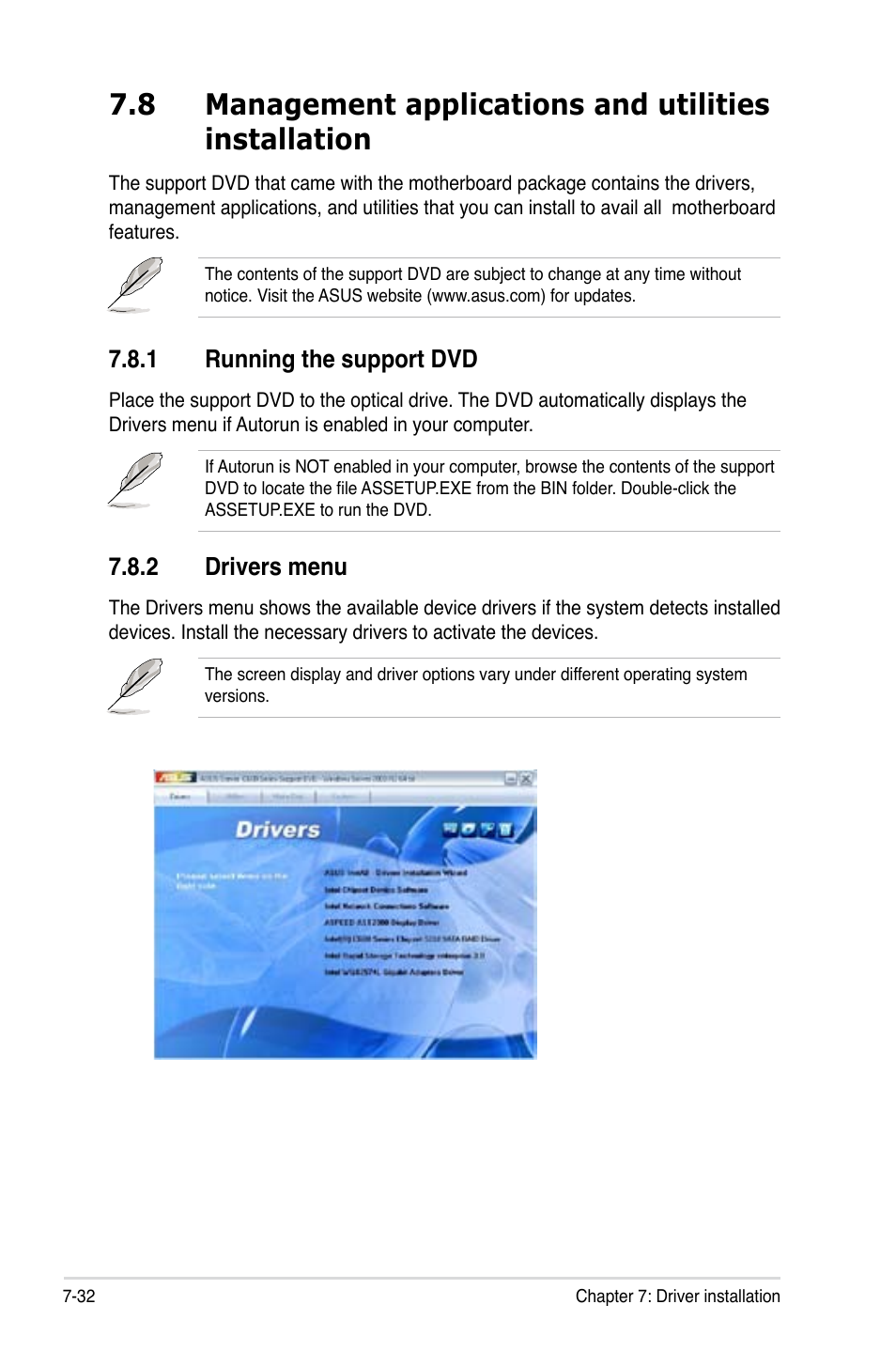 1 running the support dvd, 2 drivers menu, Running the support dvd -32 | Drivers menu -32 | Asus RS700-E7/RS4-C User Manual | Page 186 / 196
