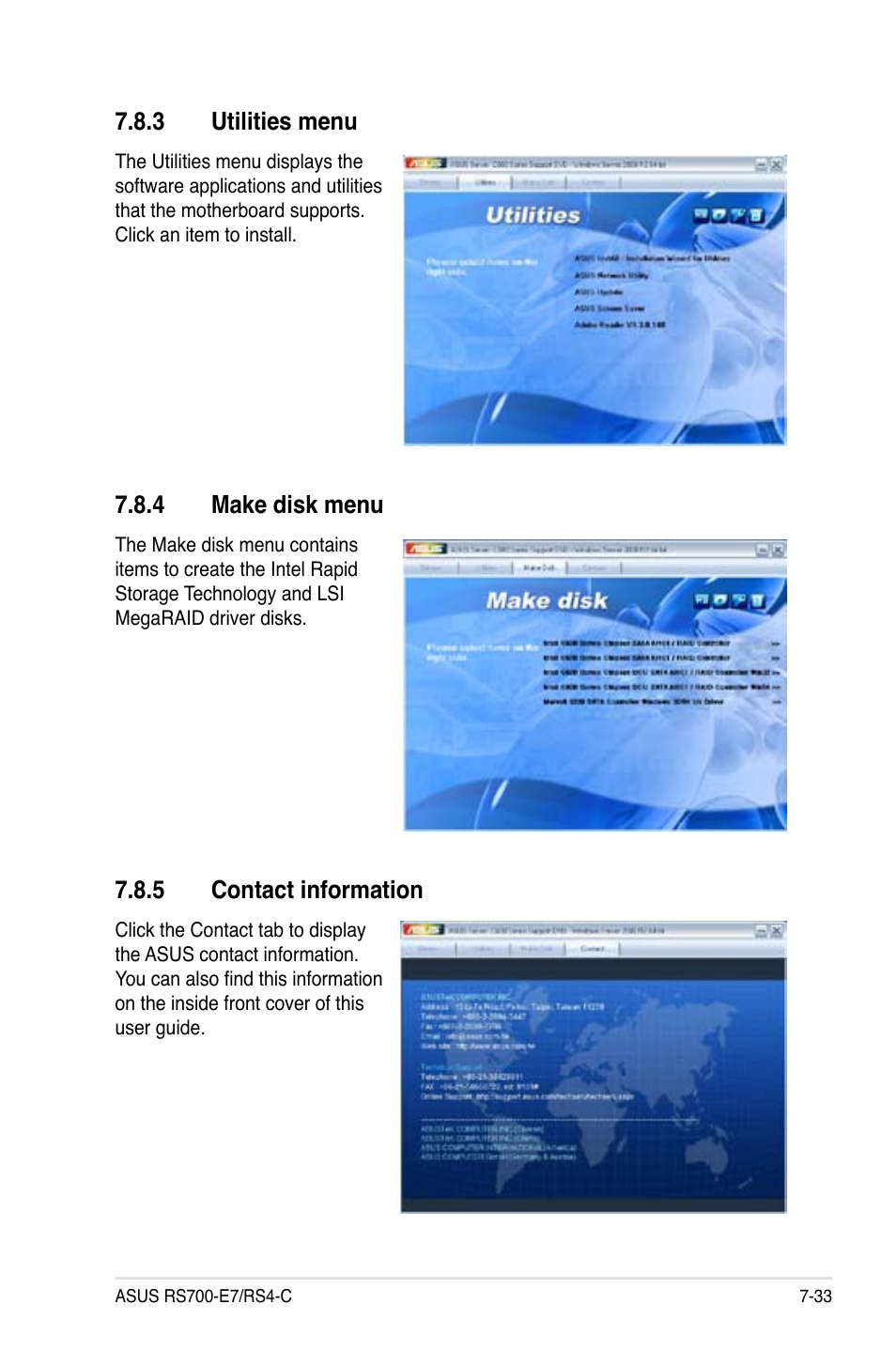 3 utilities menu, 4 make disk menu, 5 contact information | Utilities menu -33, Make disk menu -33, Contact information -33 | Asus RS700-E7/RS4-C User Manual | Page 187 / 196