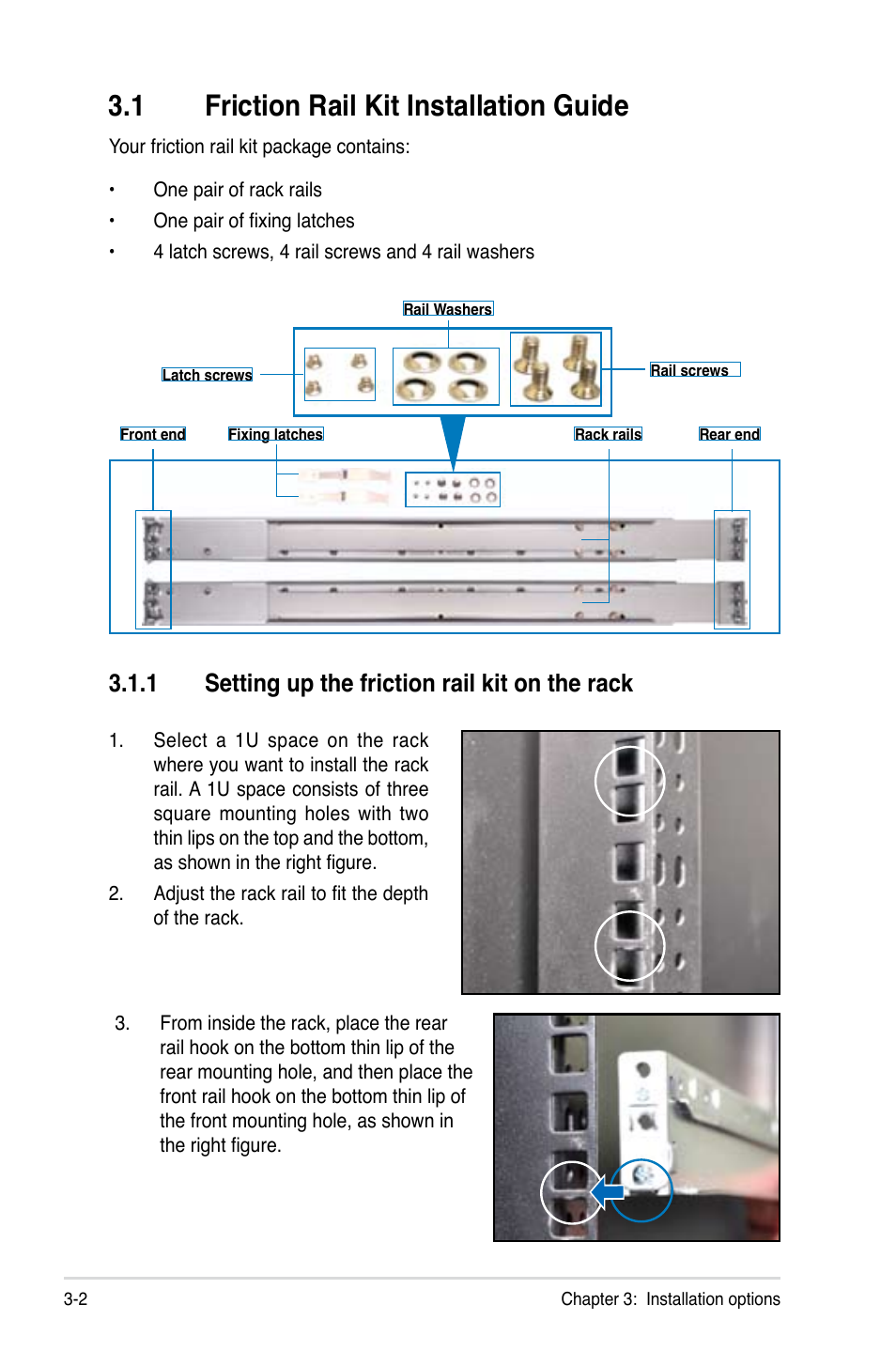 1 friction rail kit installation guide, 1 setting up the friction rail kit on the rack, Friction rail kit installation guide -2 3.1.1 | Setting up the friction rail kit on the rack -2 | Asus RS700-E7/RS4-C User Manual | Page 46 / 196