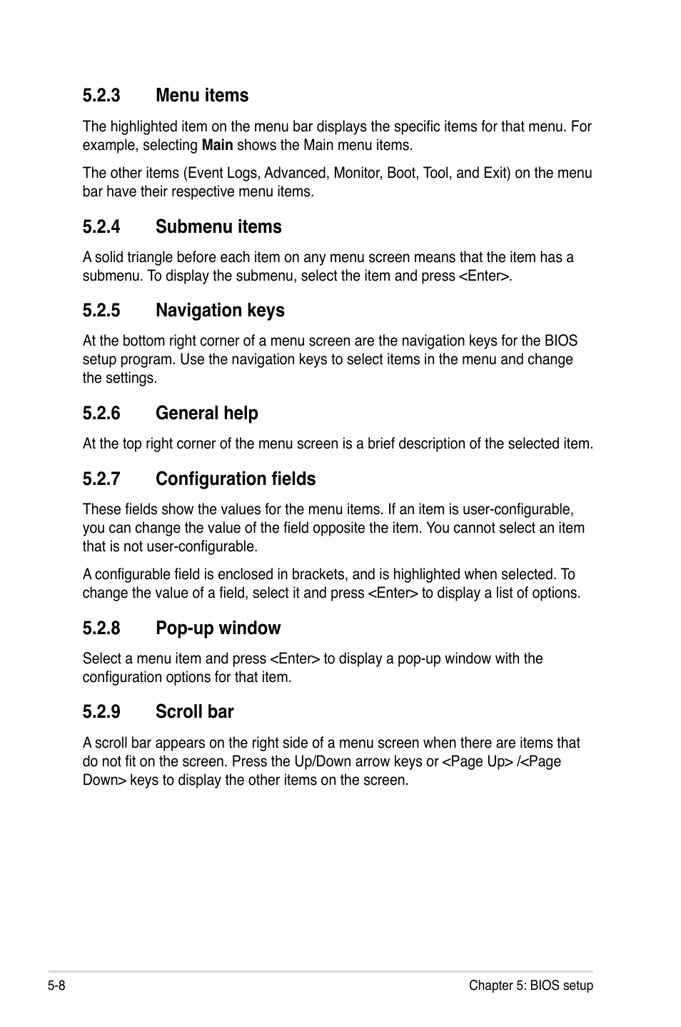 3 menu items, 4 submenu items, 5 navigation keys | 6 general help, 7 configuration fields, 8 pop-up window, 9 scroll bar, Menu items -8, Submenu items -8, Navigation keys -8 | Asus RS700-E7/RS4-C User Manual | Page 72 / 196