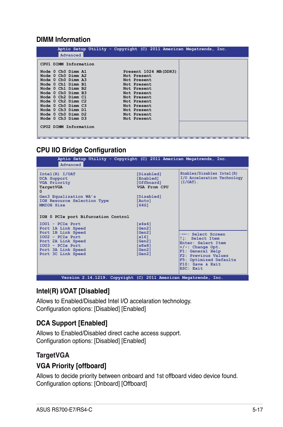 Intel(r) i/oat [disabled, Dca support [enabled, Targetvga vga priority [offboard | Cpu iio bridge configuration, Dimm information | Asus RS700-E7/RS4-C User Manual | Page 81 / 196