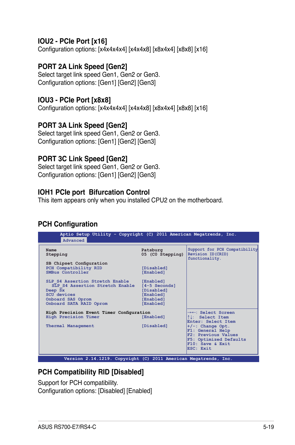 Pch configuration pch compatibility rid [disabled, Iou2 - pcie port [x16, Port 2a link speed [gen2 | Iou3 - pcie port [x8x8, Port 3a link speed [gen2, Port 3c link speed [gen2, Ioh1 pcie port bifurcation control | Asus RS700-E7/RS4-C User Manual | Page 83 / 196