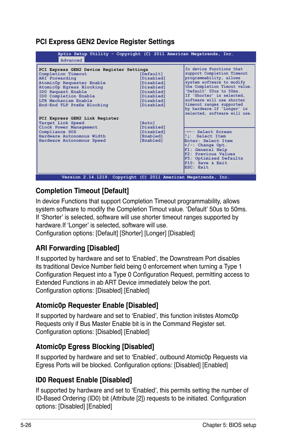 Pci express gen2 device register settings, Completion timeout [default, Ari forwarding [disabled | Atomic0p requester enable [disabled, Atomic0p egress blocking [disabled, Id0 request enable [disabled | Asus RS700-E7/RS4-C User Manual | Page 90 / 196