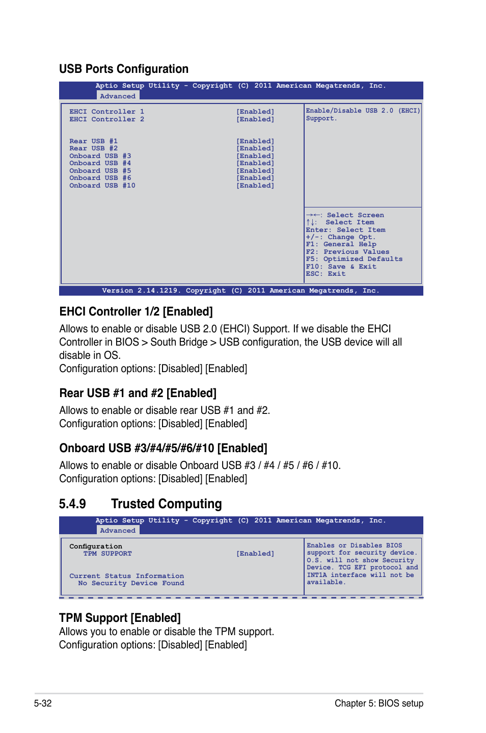 9 trusted computing, Trusted computing -32, Tpm support [enabled | Usb ports configuration, Ehci controller 1/2 [enabled, Rear usb #1 and #2 [enabled | Asus RS700-E7/RS4-C User Manual | Page 96 / 196